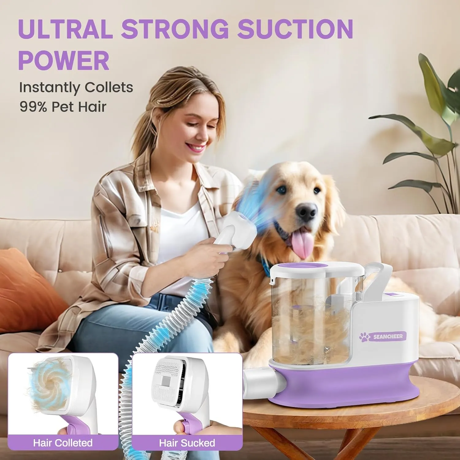 2025 3L Dog Grooming Vacuum Kit Pet Hair Vacuum with Dog Clipper & Low Noise Shedding Brush, 5 Pet Grooming Tools Hair Remover for Dogs & Cats (Purple)