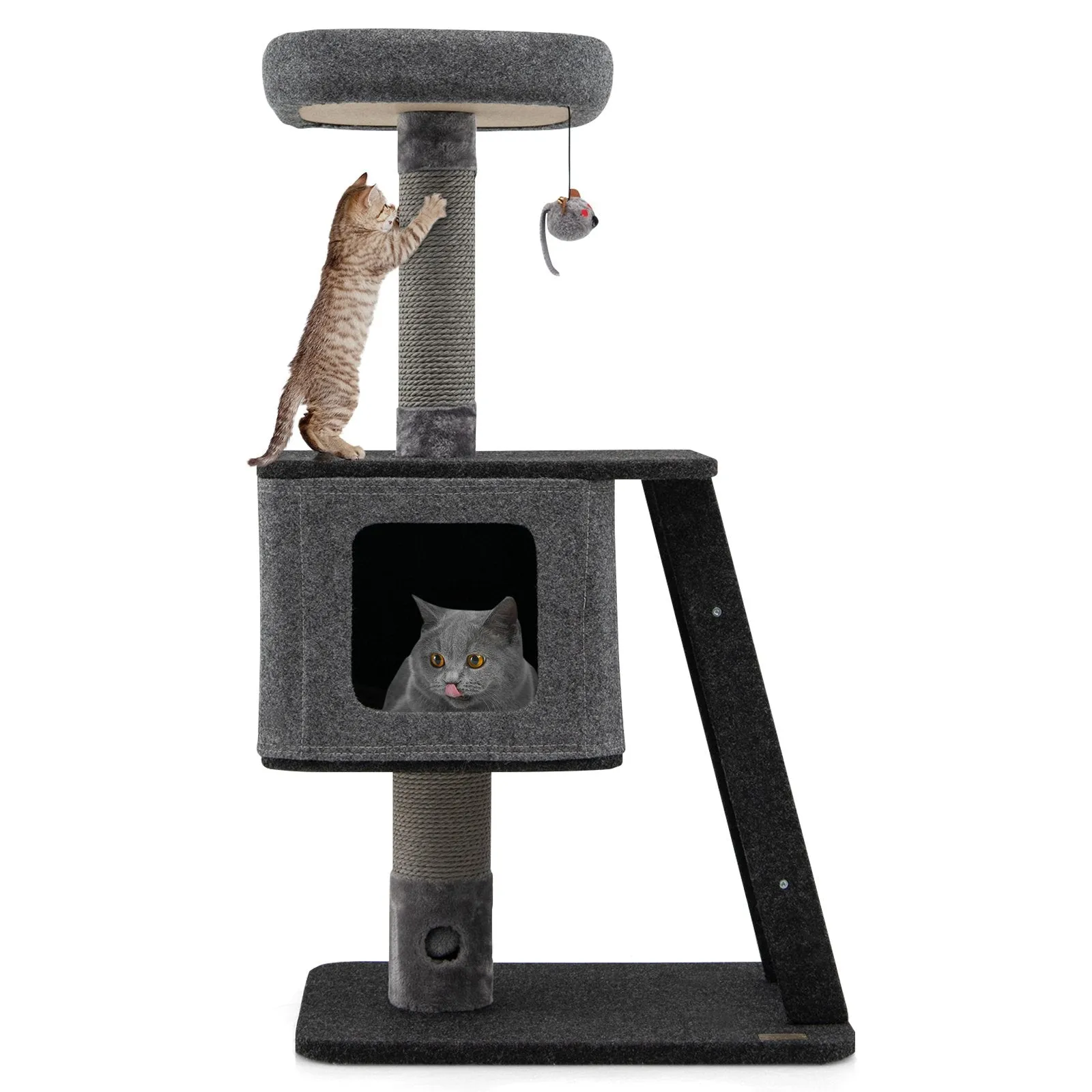 3-Layer Cat Tower with Scratching Ramp Posts and Top Plush Perch-Grey