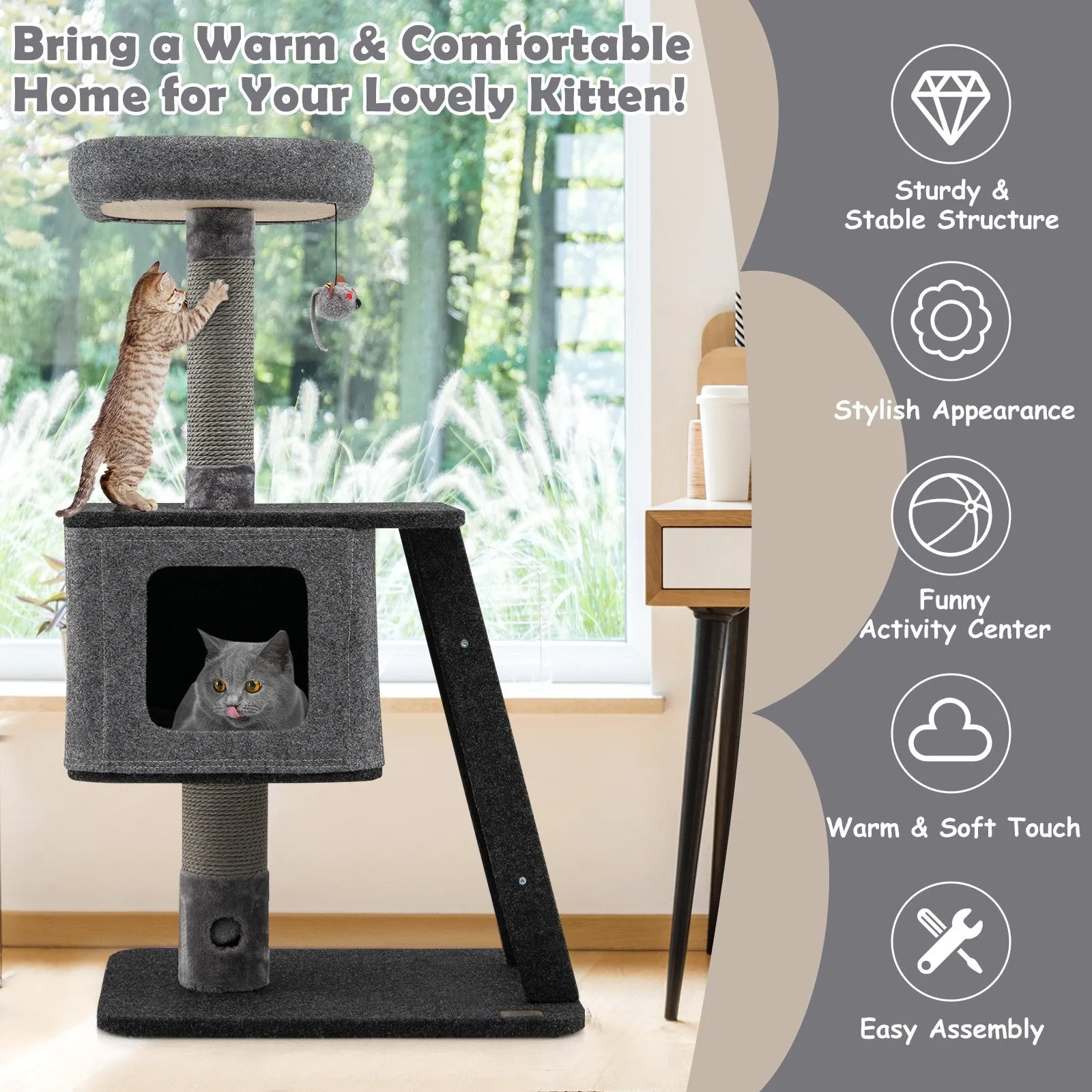 3-Layer Cat Tower with Scratching Ramp Posts and Top Plush Perch-Grey