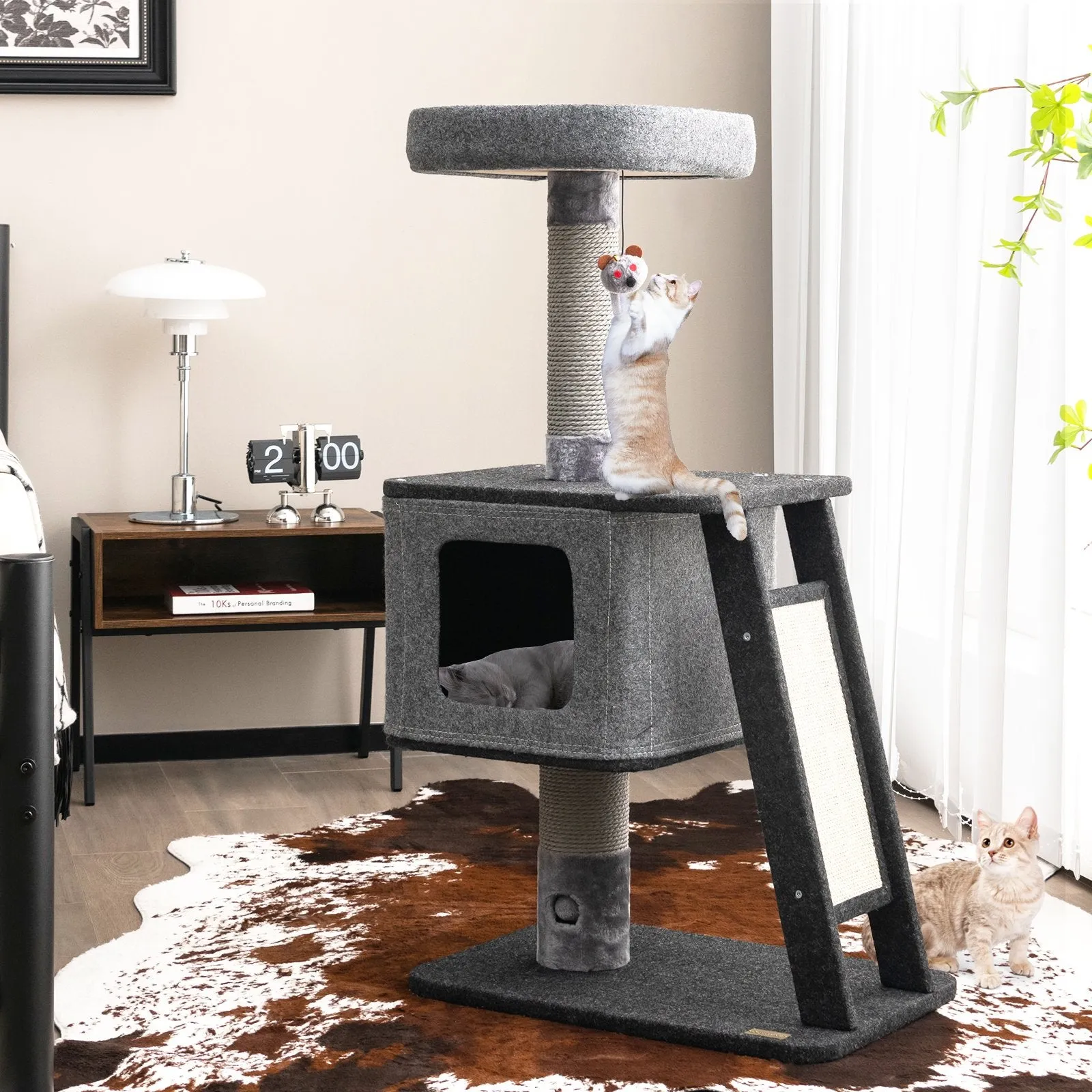 3-Layer Cat Tower with Scratching Ramp Posts and Top Plush Perch-Grey