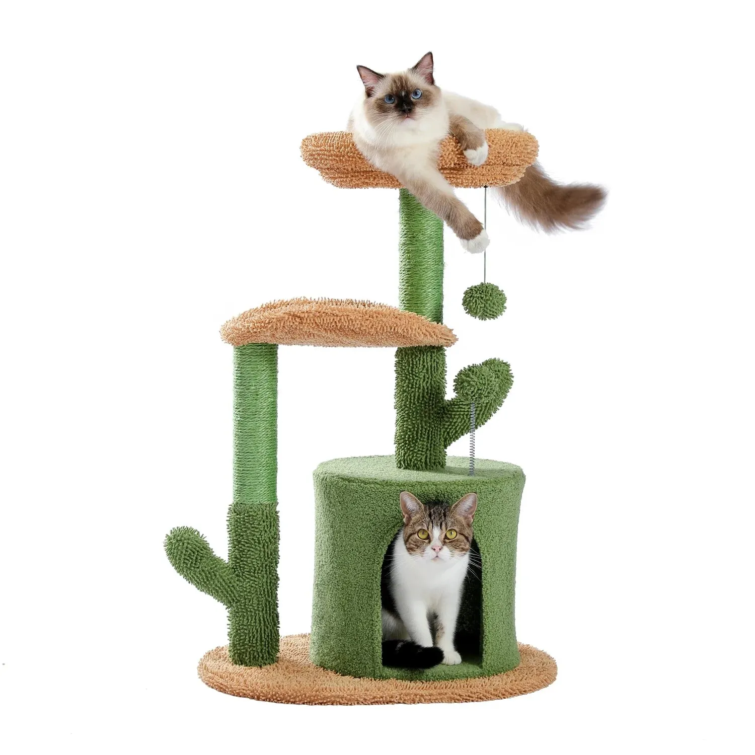 32" Cactus Cat Tree Tower with Cat Scratching Post, Cozy Condo Perch for Indoor Cats, Green