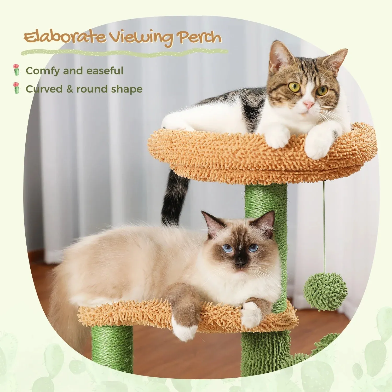 32" Cactus Cat Tree Tower with Cat Scratching Post, Cozy Condo Perch for Indoor Cats, Green