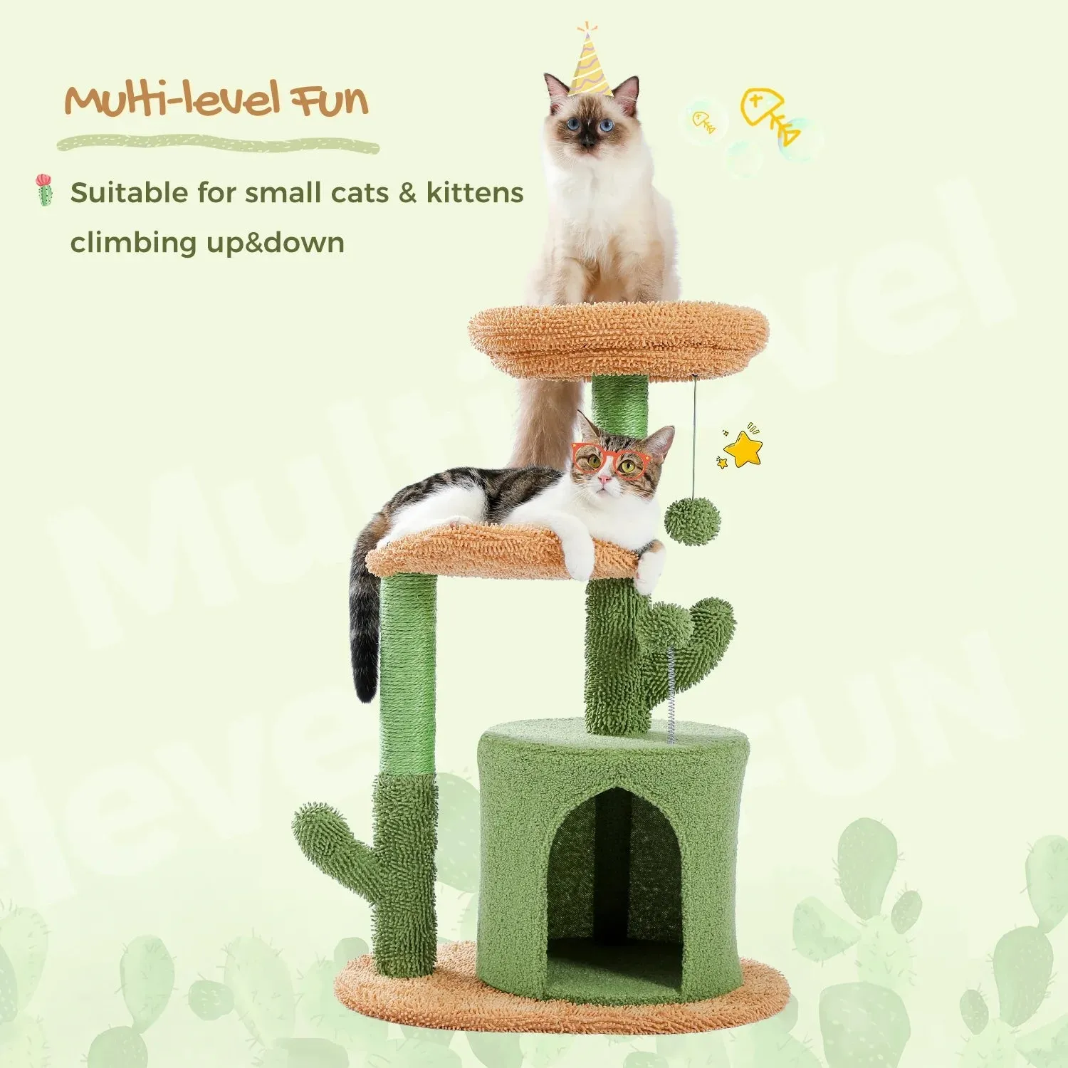 32" Cactus Cat Tree Tower with Cat Scratching Post, Cozy Condo Perch for Indoor Cats, Green