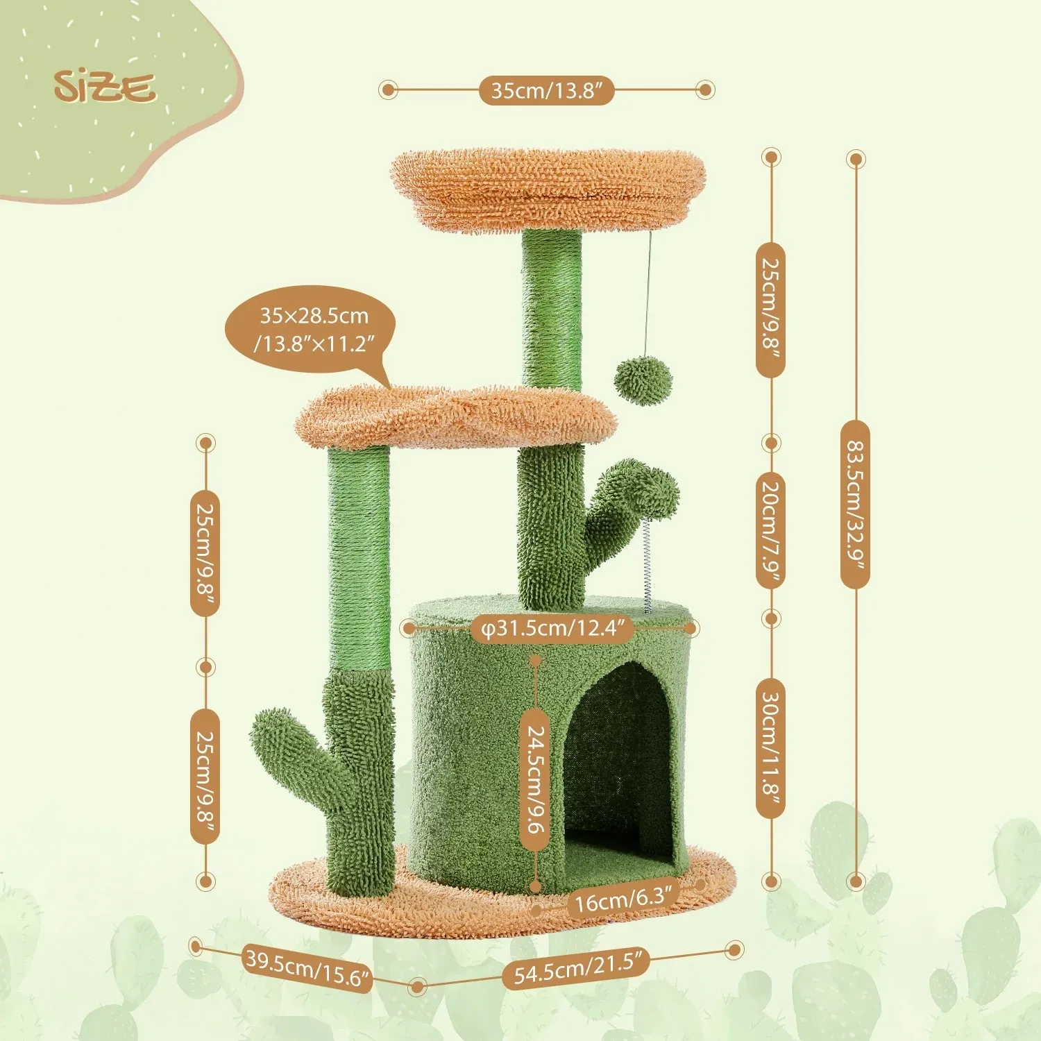 32" Cactus Cat Tree Tower with Cat Scratching Post, Cozy Condo Perch for Indoor Cats, Green