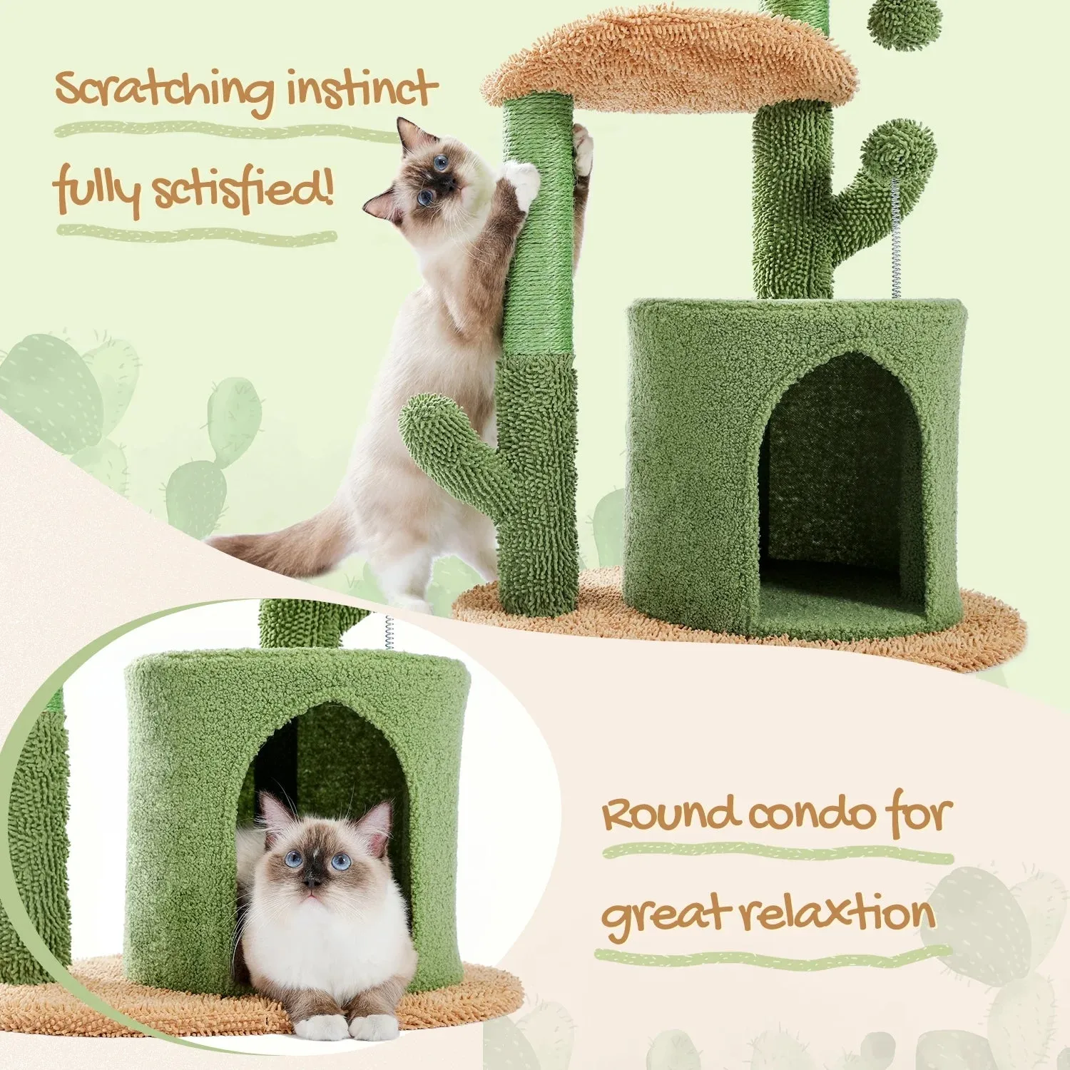 32" Cactus Cat Tree Tower with Cat Scratching Post, Cozy Condo Perch for Indoor Cats, Green