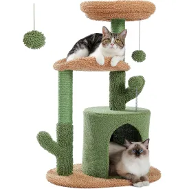 32" Cactus Cat Tree Tower with Cat Scratching Post, Cozy Condo Perch for Indoor Cats, Green