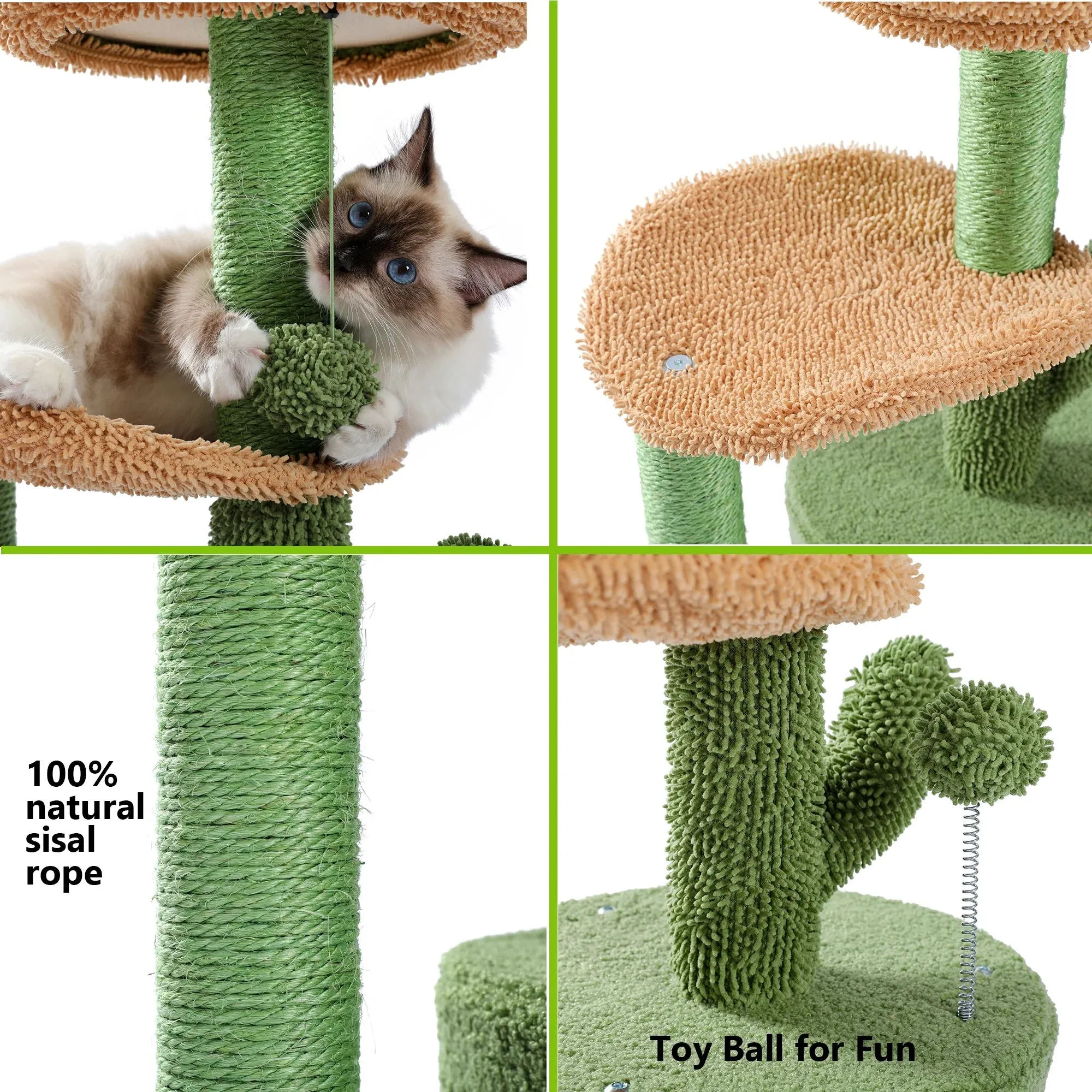 32" Cactus Cat Tree Tower with Cat Scratching Post, Cozy Condo Perch for Indoor Cats, Green