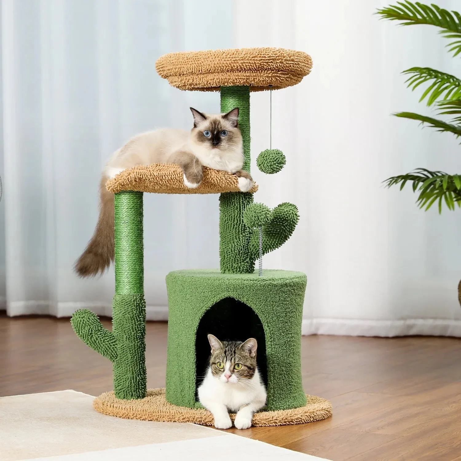 32" Cactus Cat Tree Tower with Cat Scratching Post, Cozy Condo Perch for Indoor Cats, Green