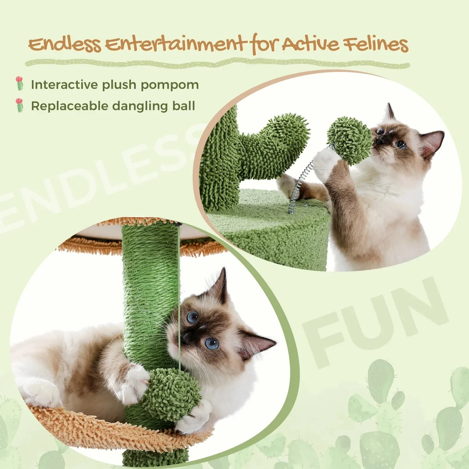32" Cactus Cat Tree Tower with Cat Scratching Post, Cozy Condo Perch for Indoor Cats, Green