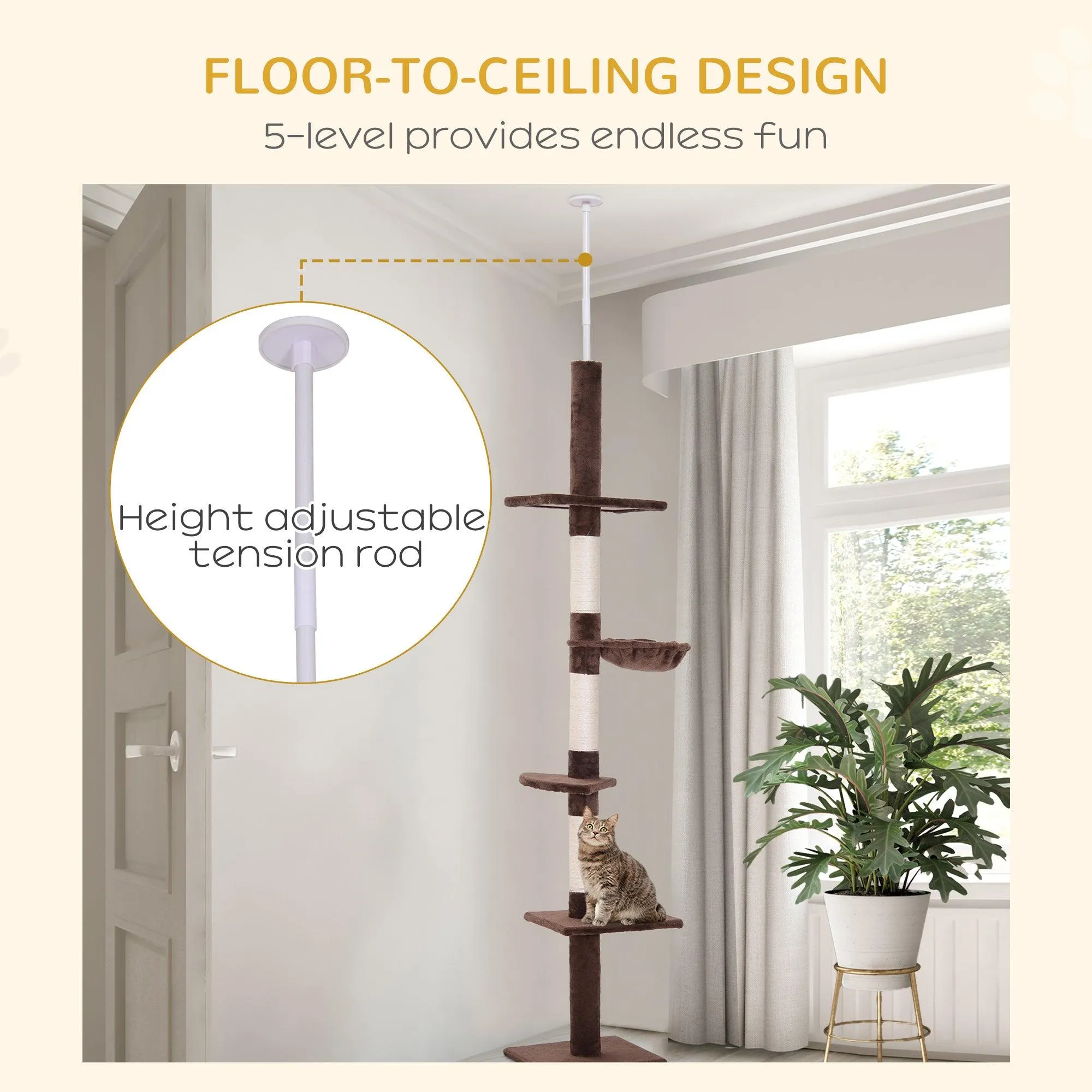 5-Tier Floor to Ceiling Cat Tree, Adjustable Height, Brown