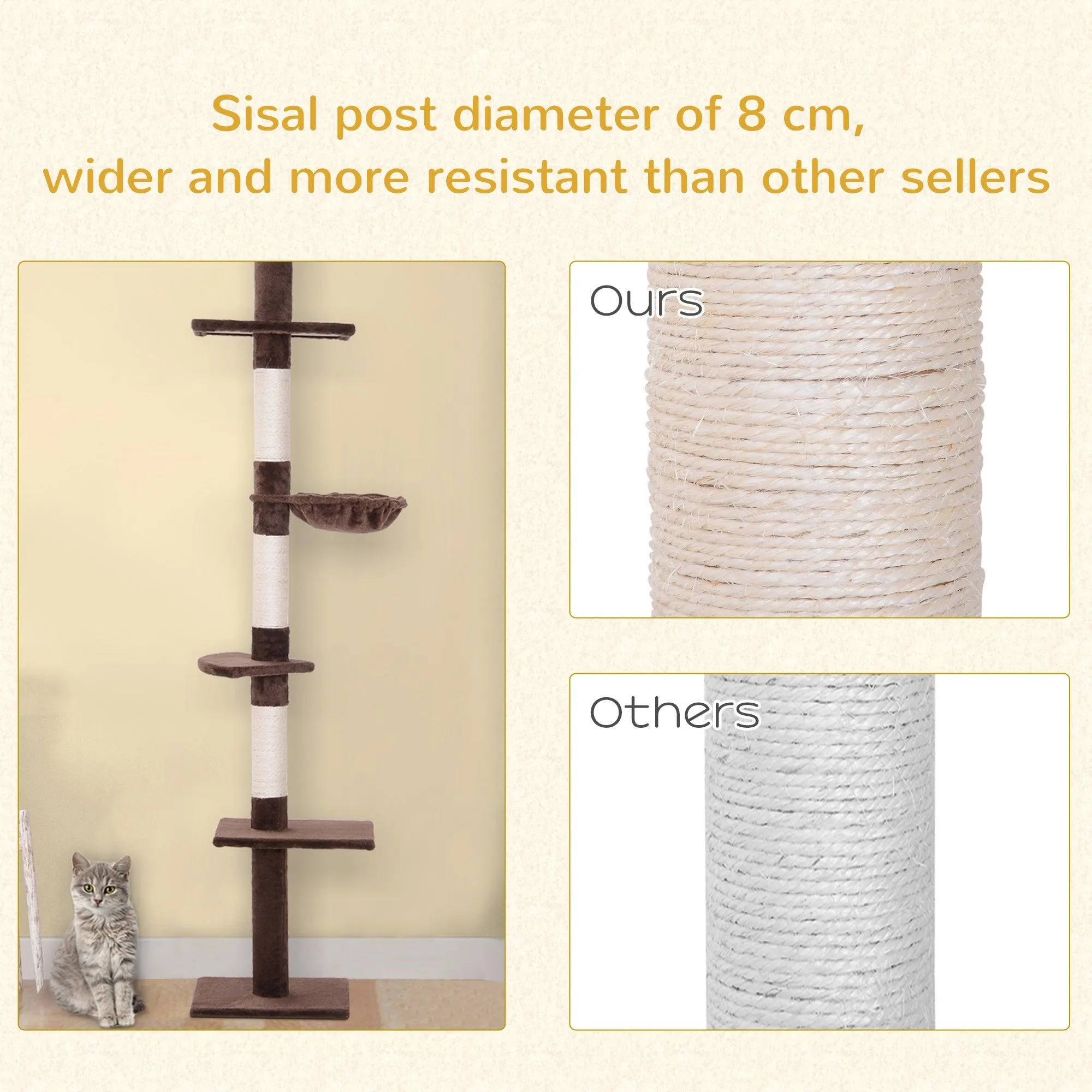5-Tier Floor to Ceiling Cat Tree, Adjustable Height, Brown