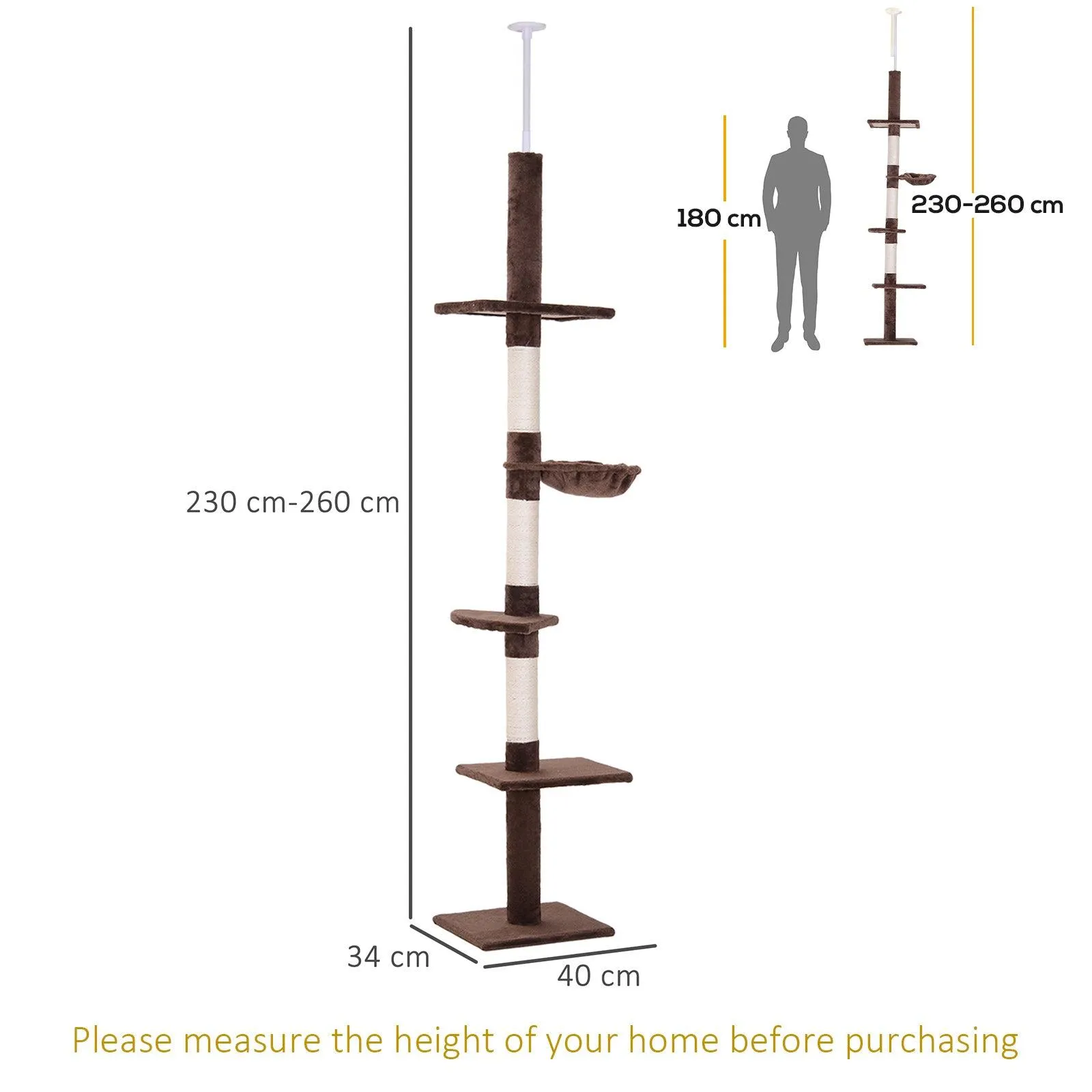 5-Tier Floor to Ceiling Cat Tree, Adjustable Height, Brown