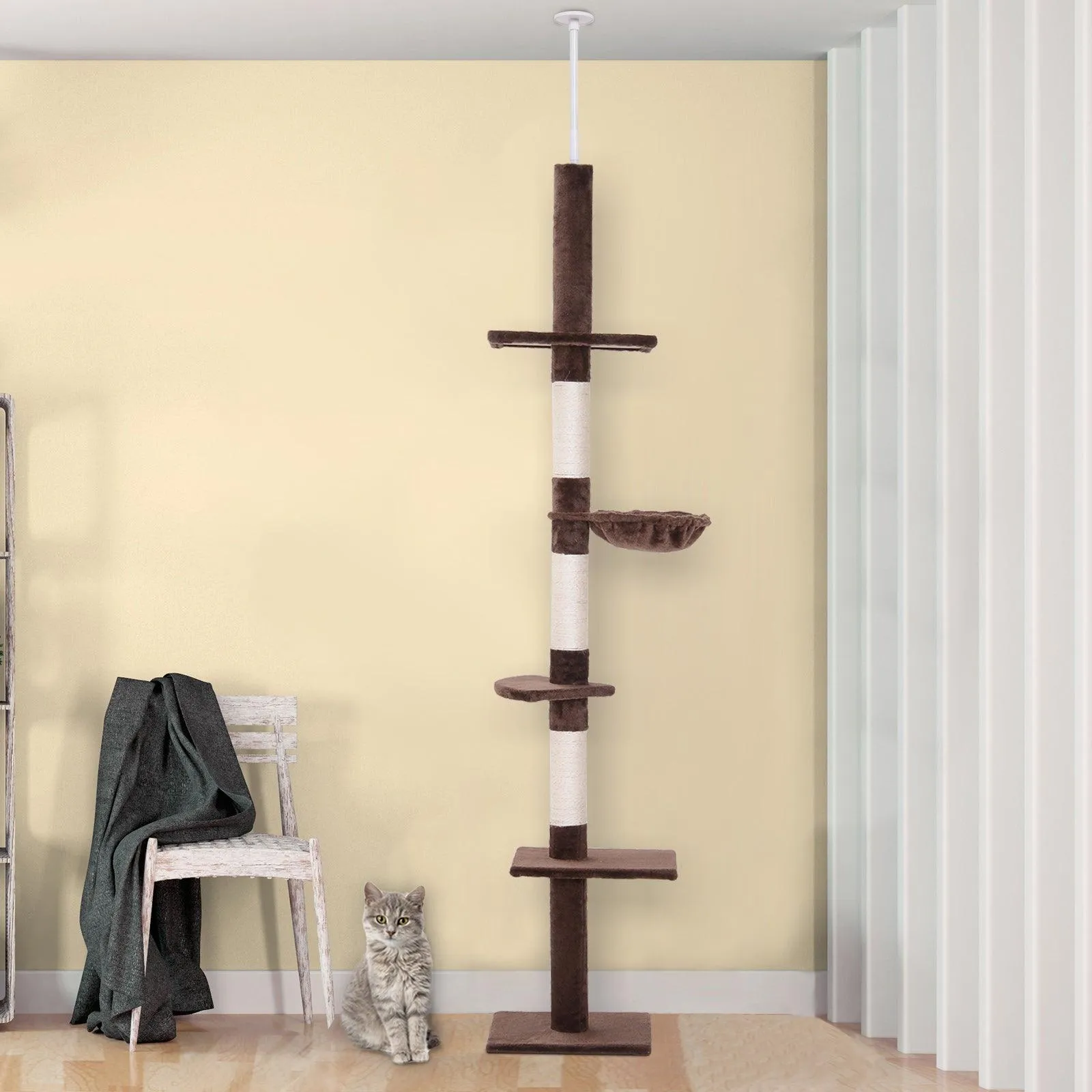 5-Tier Floor to Ceiling Cat Tree, Adjustable Height, Brown