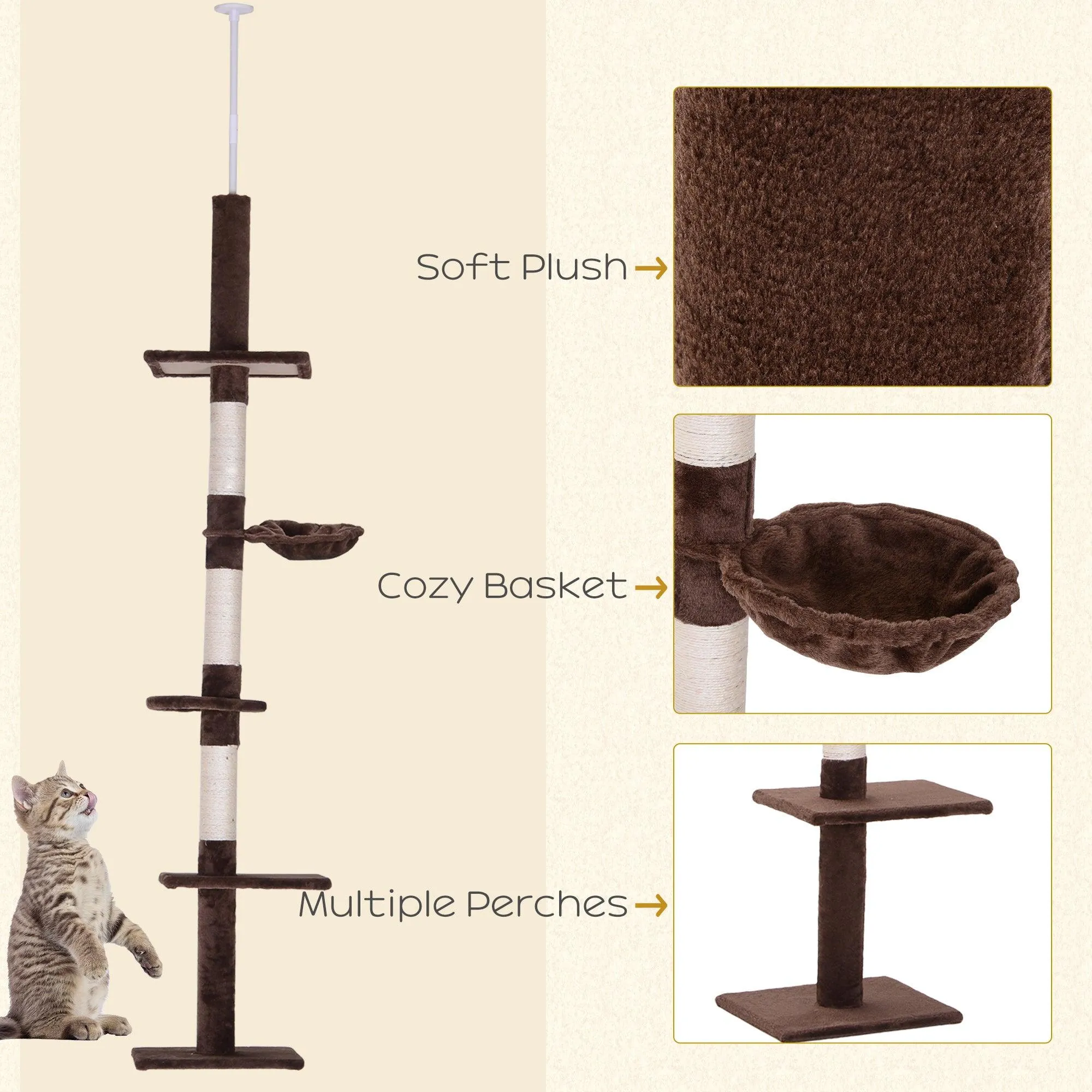 5-Tier Floor to Ceiling Cat Tree, Adjustable Height, Brown