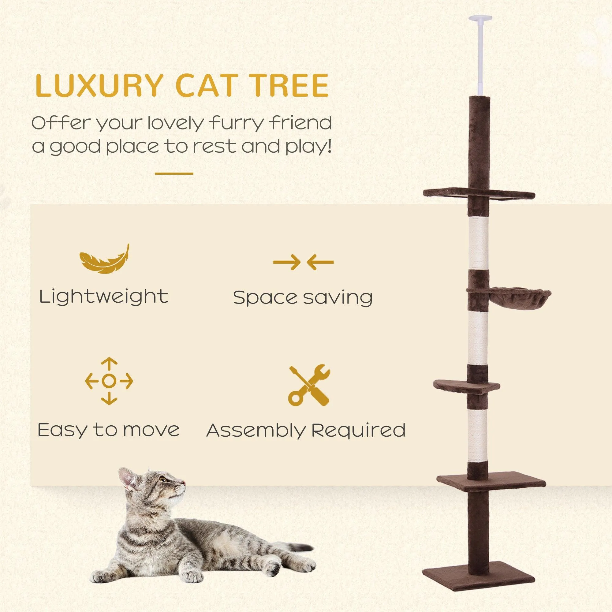 5-Tier Floor to Ceiling Cat Tree, Adjustable Height, Brown