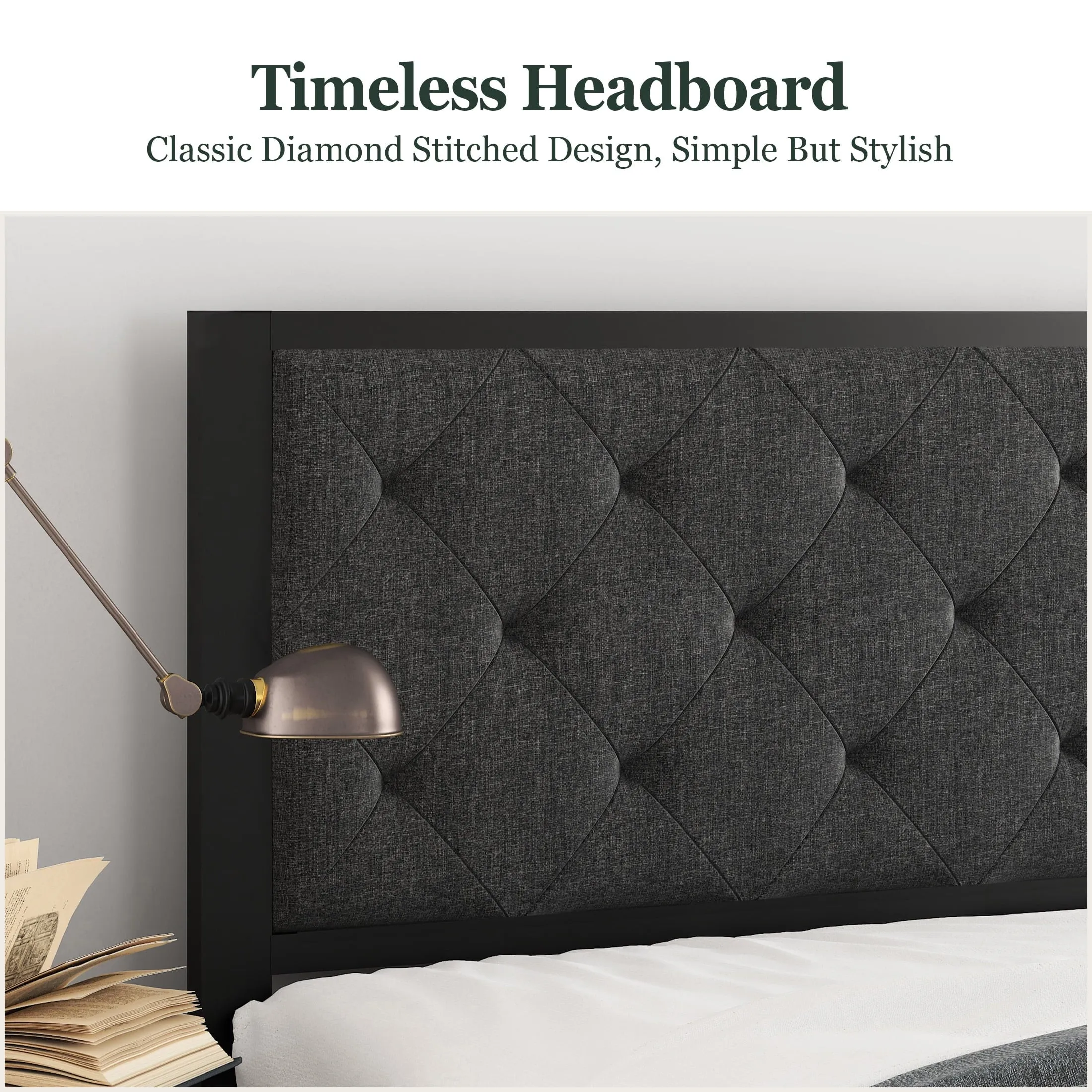 Amolife Twin Size Metal Bed Frame with Upholstered Headboard, Dark Gray