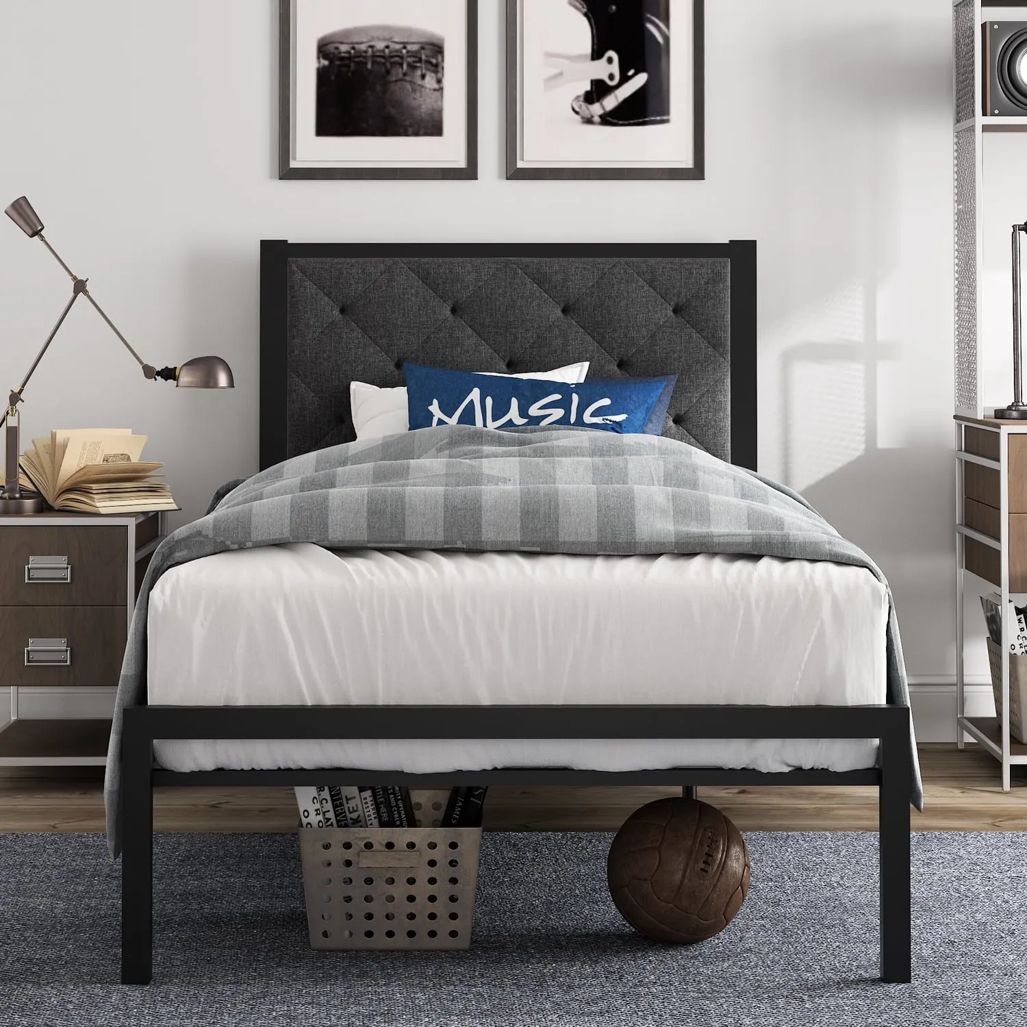 Amolife Twin Size Metal Bed Frame with Upholstered Headboard, Dark Gray