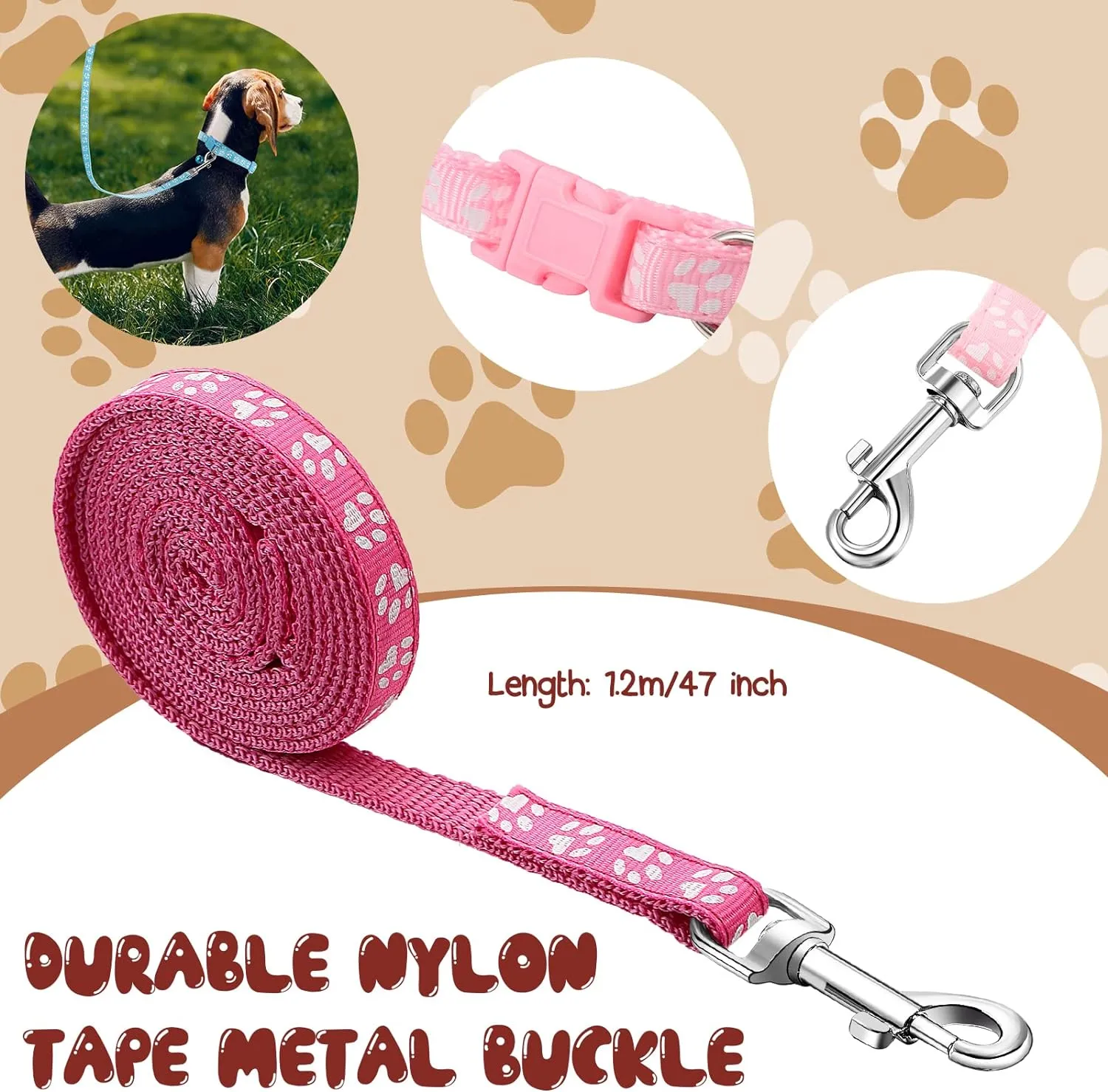 Amylove 48 Pcs Dog Collar and Leash Set, Polypropylene Adjustable Puppy Collars for Medium Dogs Small Pet Puppy Walking Training with Hook and Buckle(Multicolor,Paws Pattern)
