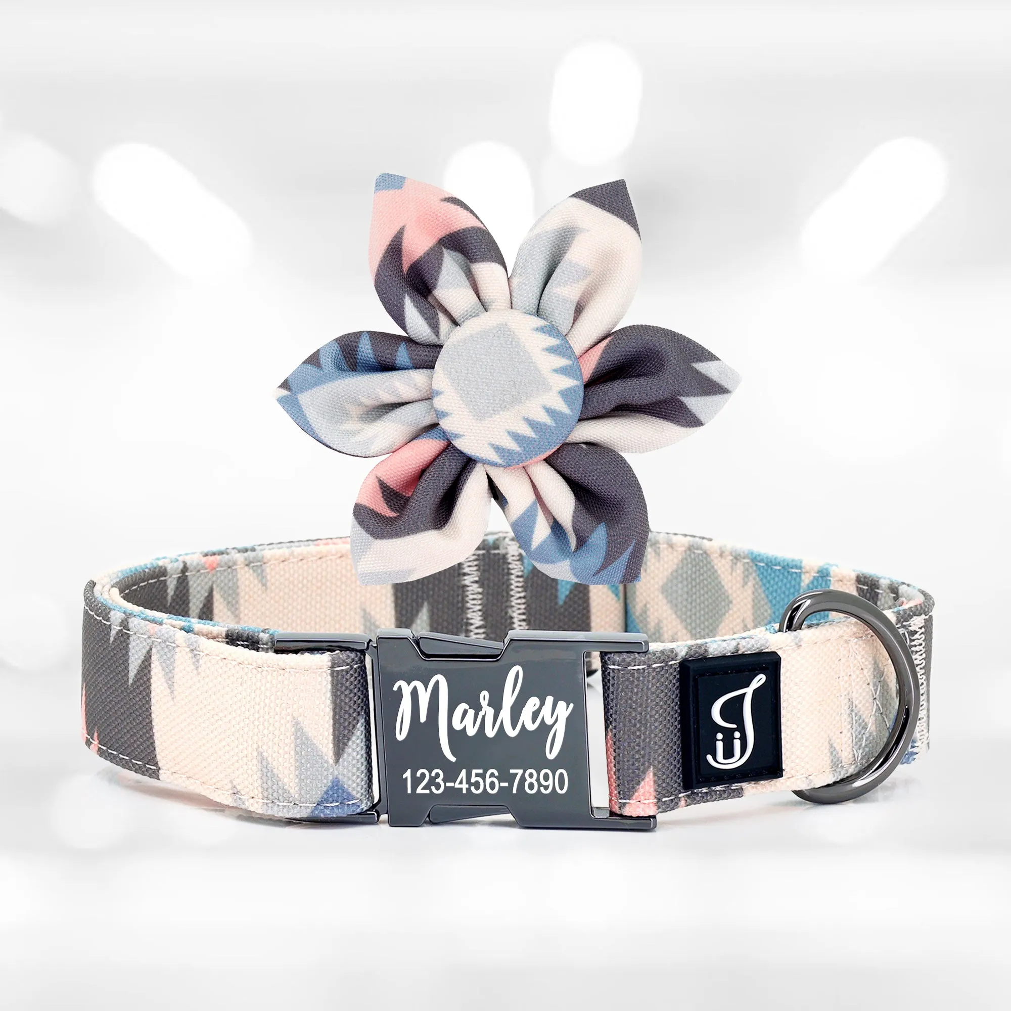 Boho Aztec Dog Collar with Flower