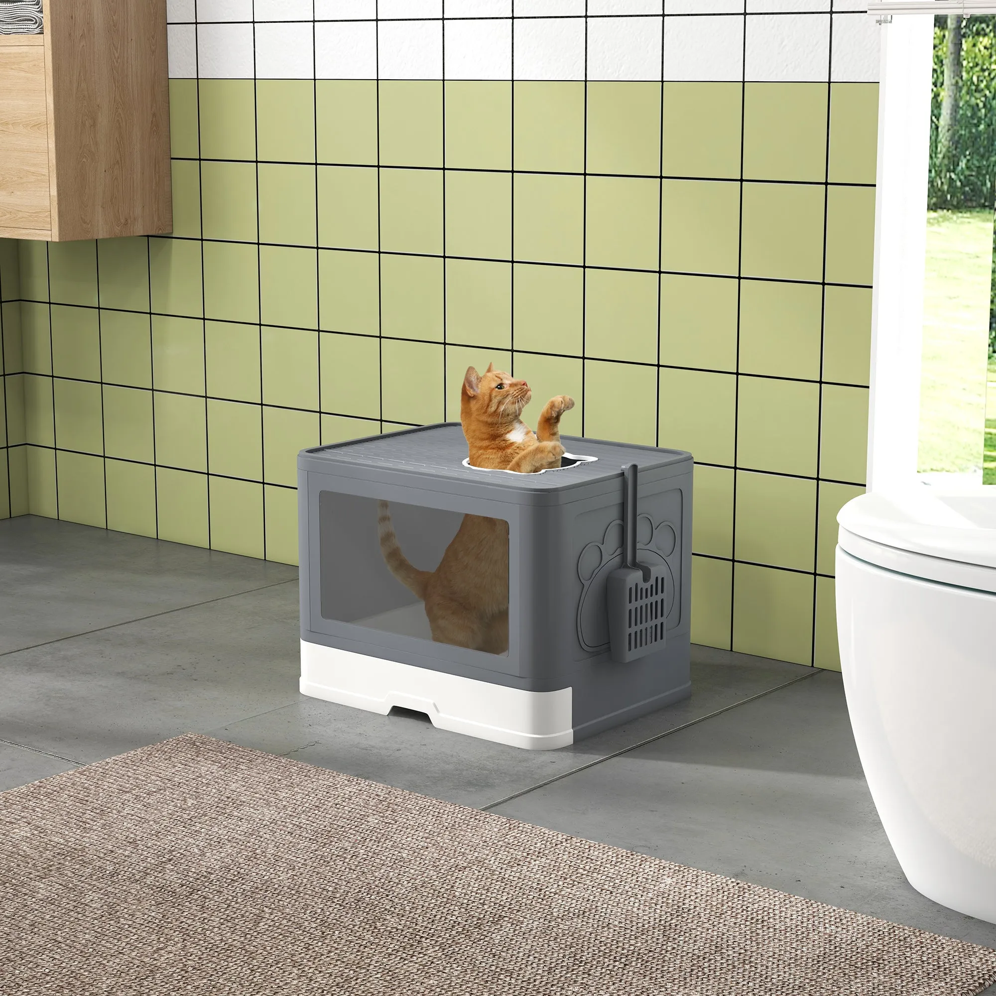 Cat Litter Box Enclosed with Lid Front Entry Top Exit Drawer Tray Scoop Brush 48.5 x 38 x 36.5cm - Grey