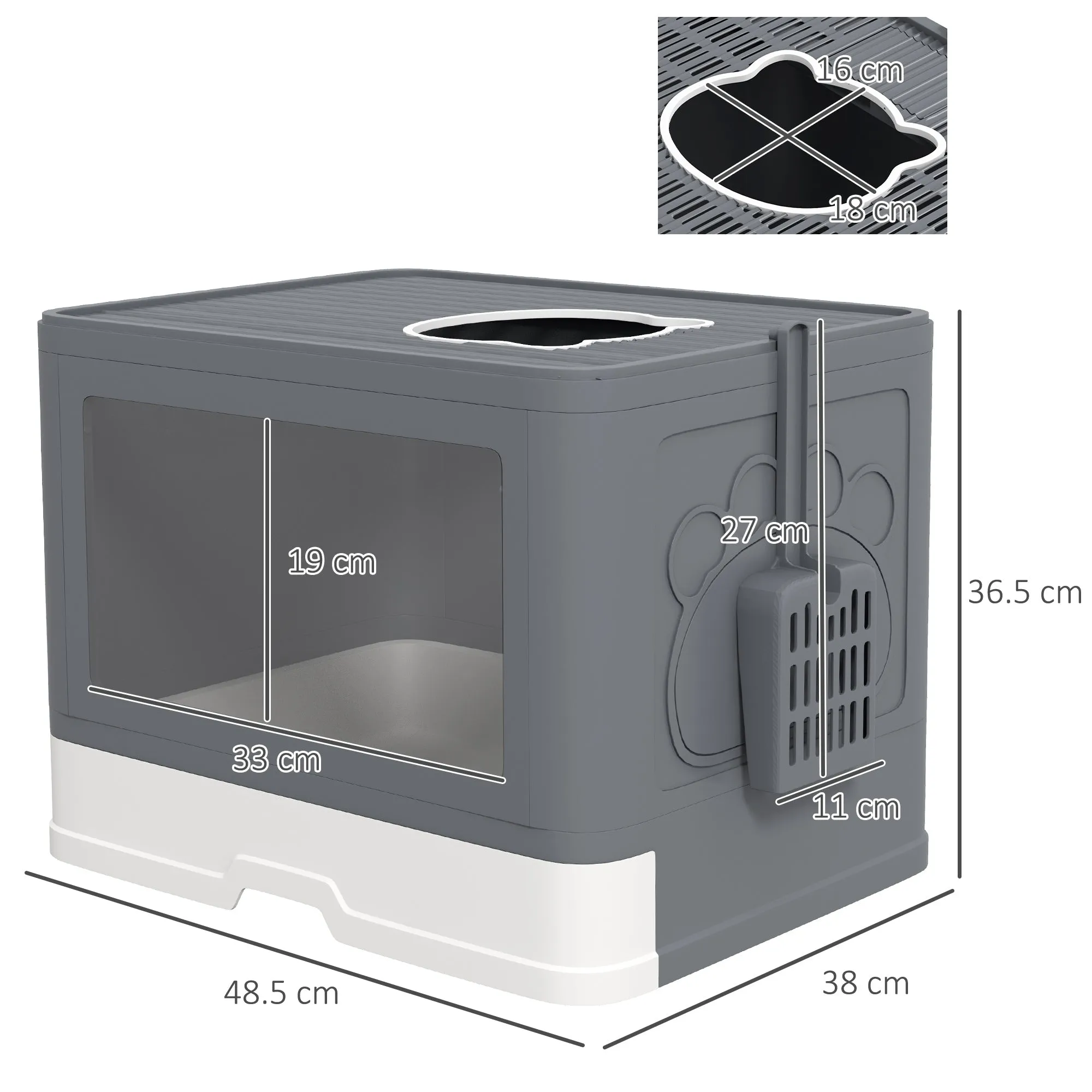 Cat Litter Box Enclosed with Lid Front Entry Top Exit Drawer Tray Scoop Brush 48.5 x 38 x 36.5cm - Grey