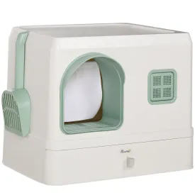 Cat Litter Box with Drawer Pan Hooded Cat Litter Tray with Scoop Deodorants Front Entrance 50 x 40 x 40 cm White