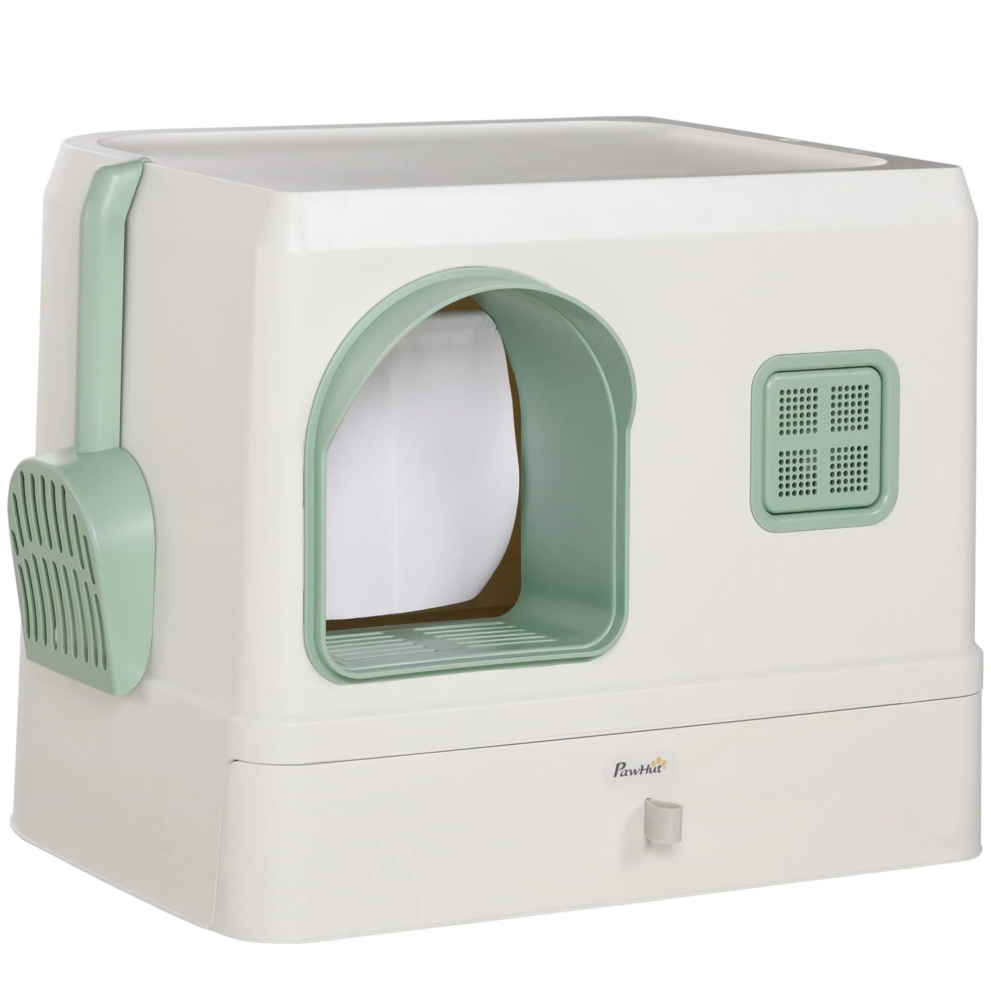 Cat Litter Box with Drawer Pan Hooded Cat Litter Tray with Scoop Deodorants Front Entrance 50 x 40 x 40 cm White
