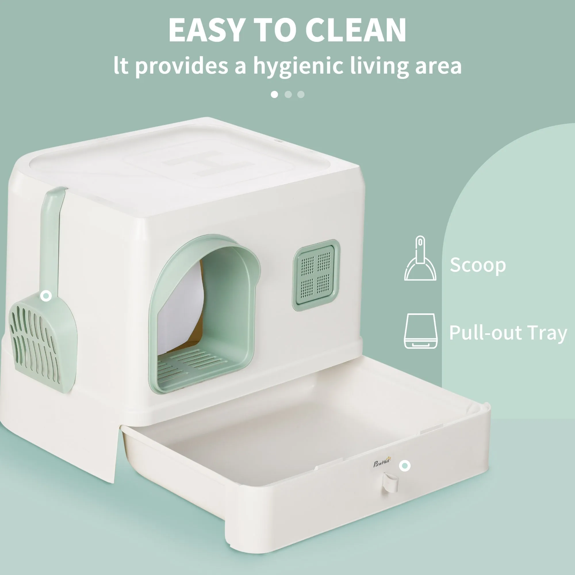 Cat Litter Box with Drawer Pan Hooded Cat Litter Tray with Scoop Deodorants Front Entrance 50 x 40 x 40 cm White