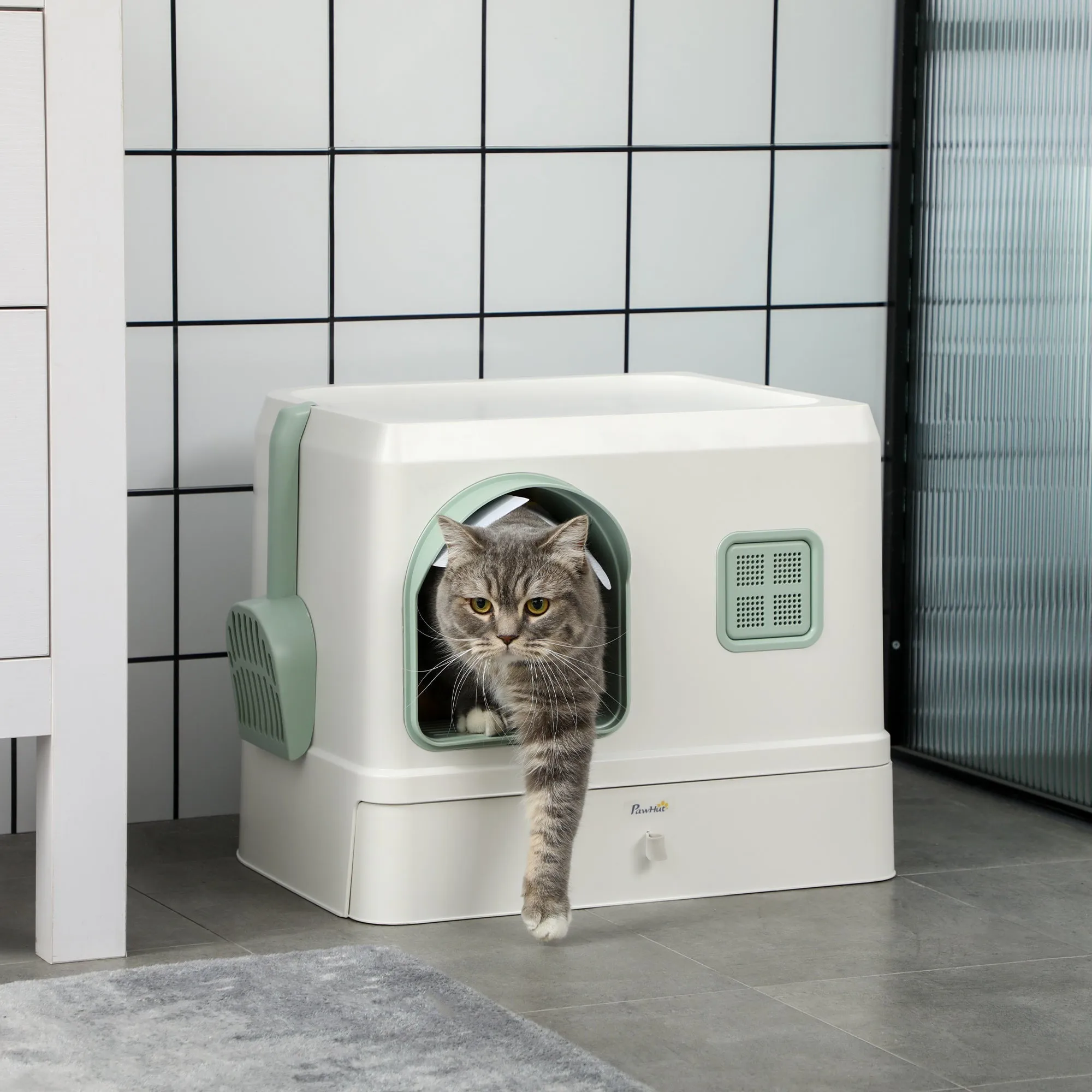 Cat Litter Box with Drawer Pan Hooded Cat Litter Tray with Scoop Deodorants Front Entrance 50 x 40 x 40 cm White