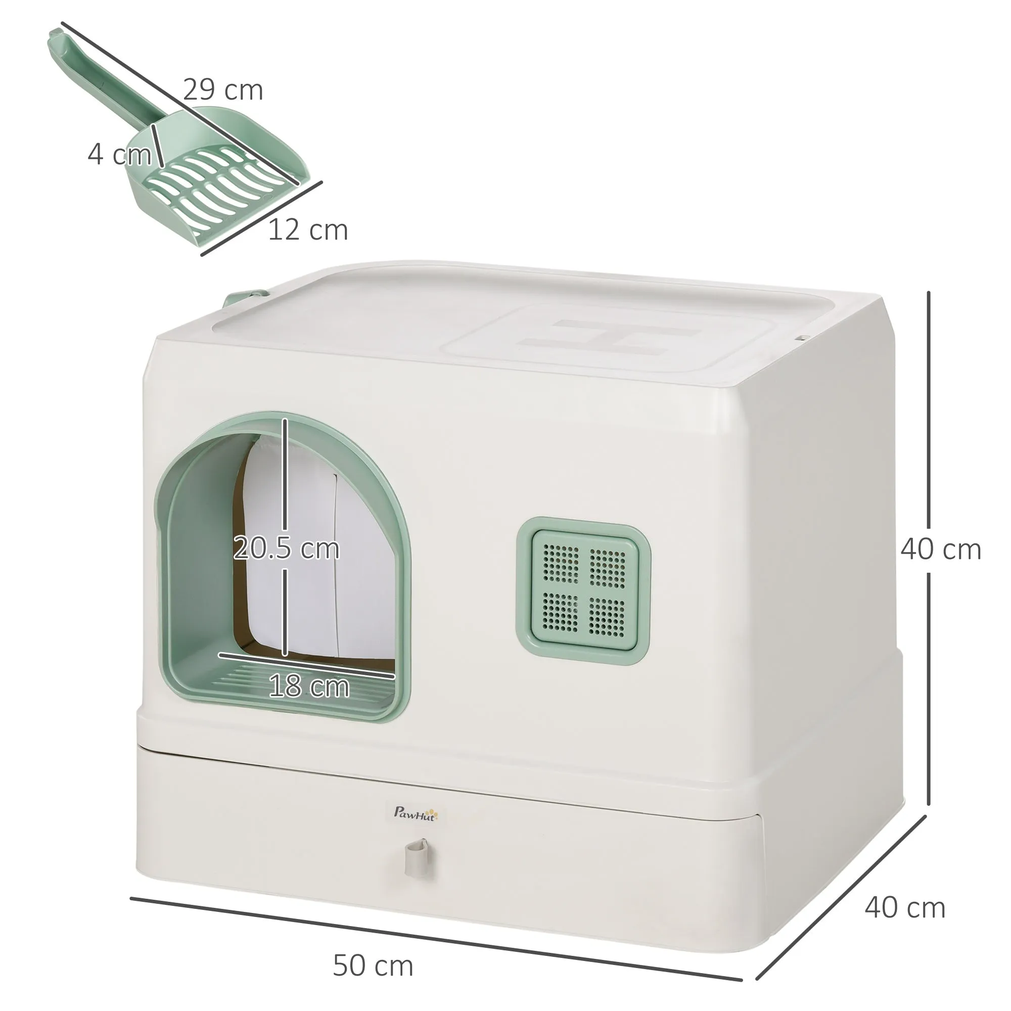 Cat Litter Box with Drawer Pan Hooded Cat Litter Tray with Scoop Deodorants Front Entrance 50 x 40 x 40 cm White
