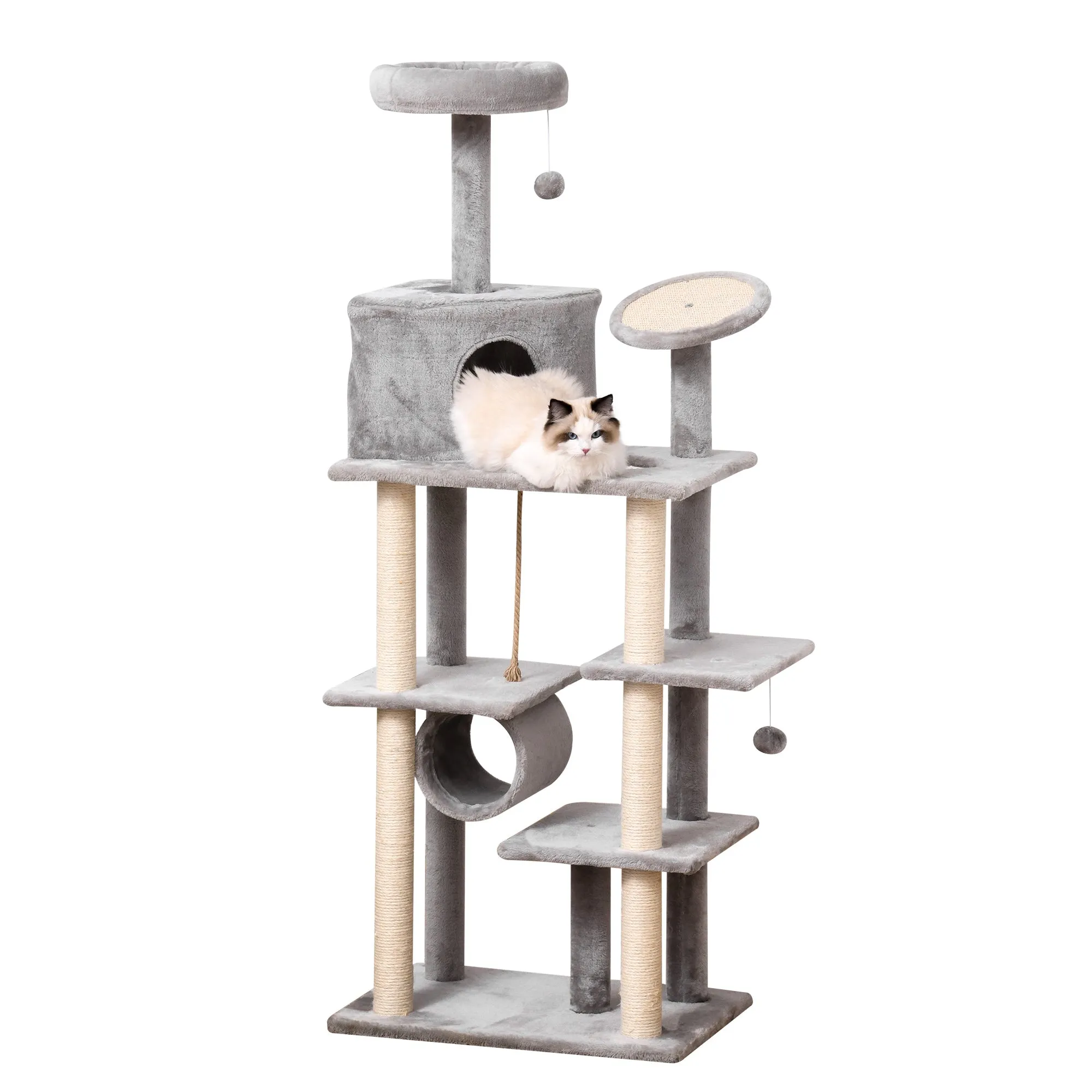 Cat tree Tower 179cm Climbing Activity Centre Kitten with Jute Scratching Post Pad Condo Perch Hanging Balls Tunnel Teasing Rope Toy Dark Grey