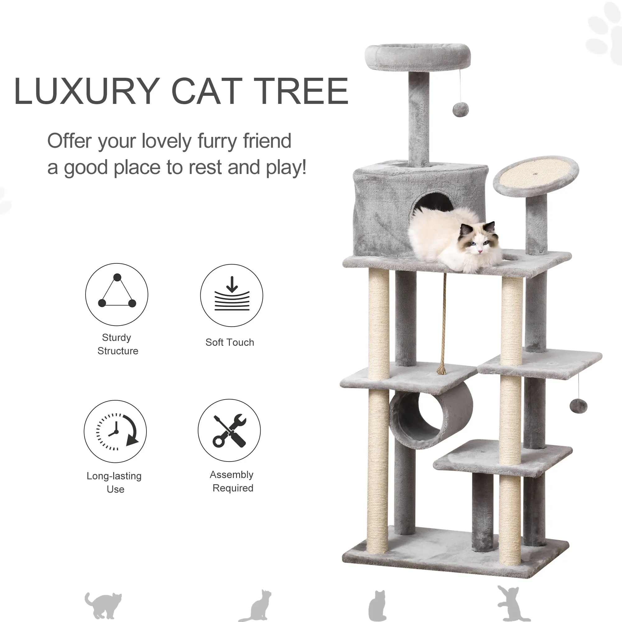 Cat tree Tower 179cm Climbing Activity Centre Kitten with Jute Scratching Post Pad Condo Perch Hanging Balls Tunnel Teasing Rope Toy Dark Grey