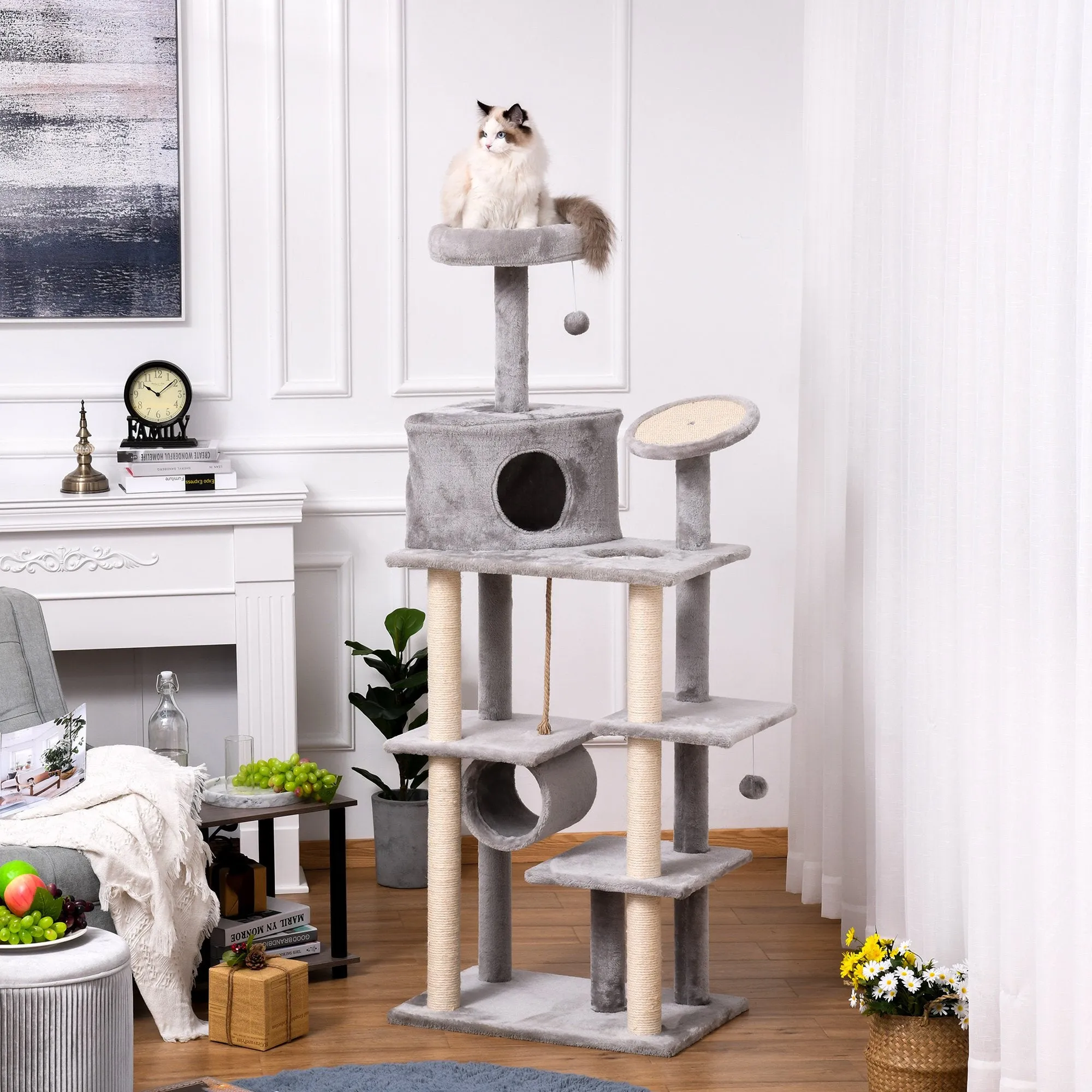 Cat tree Tower 179cm Climbing Activity Centre Kitten with Jute Scratching Post Pad Condo Perch Hanging Balls Tunnel Teasing Rope Toy Dark Grey