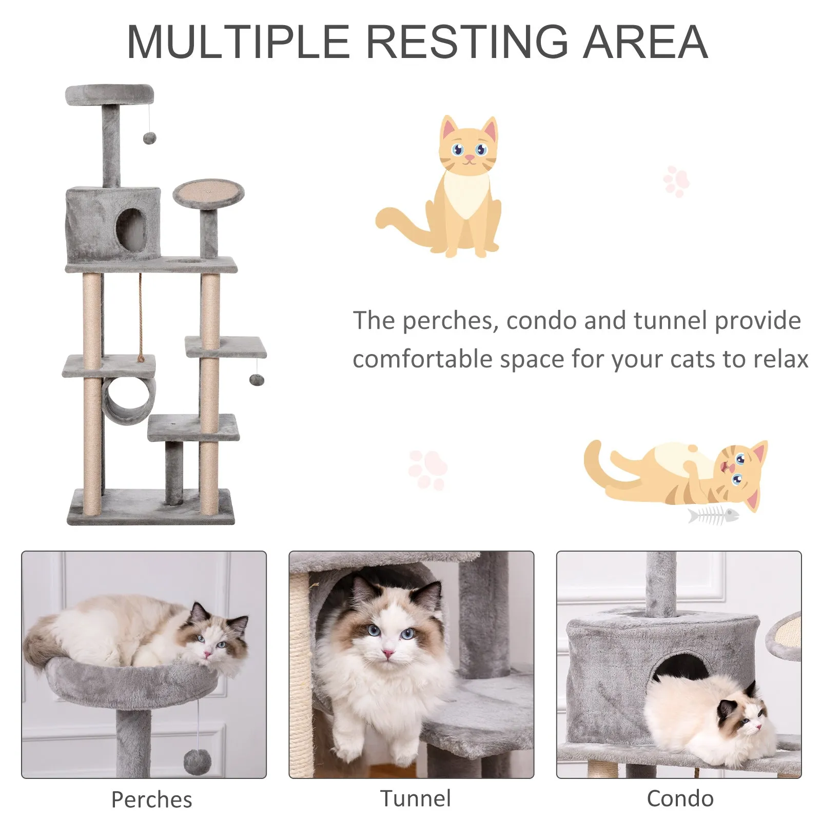 Cat tree Tower 179cm Climbing Activity Centre Kitten with Jute Scratching Post Pad Condo Perch Hanging Balls Tunnel Teasing Rope Toy Dark Grey