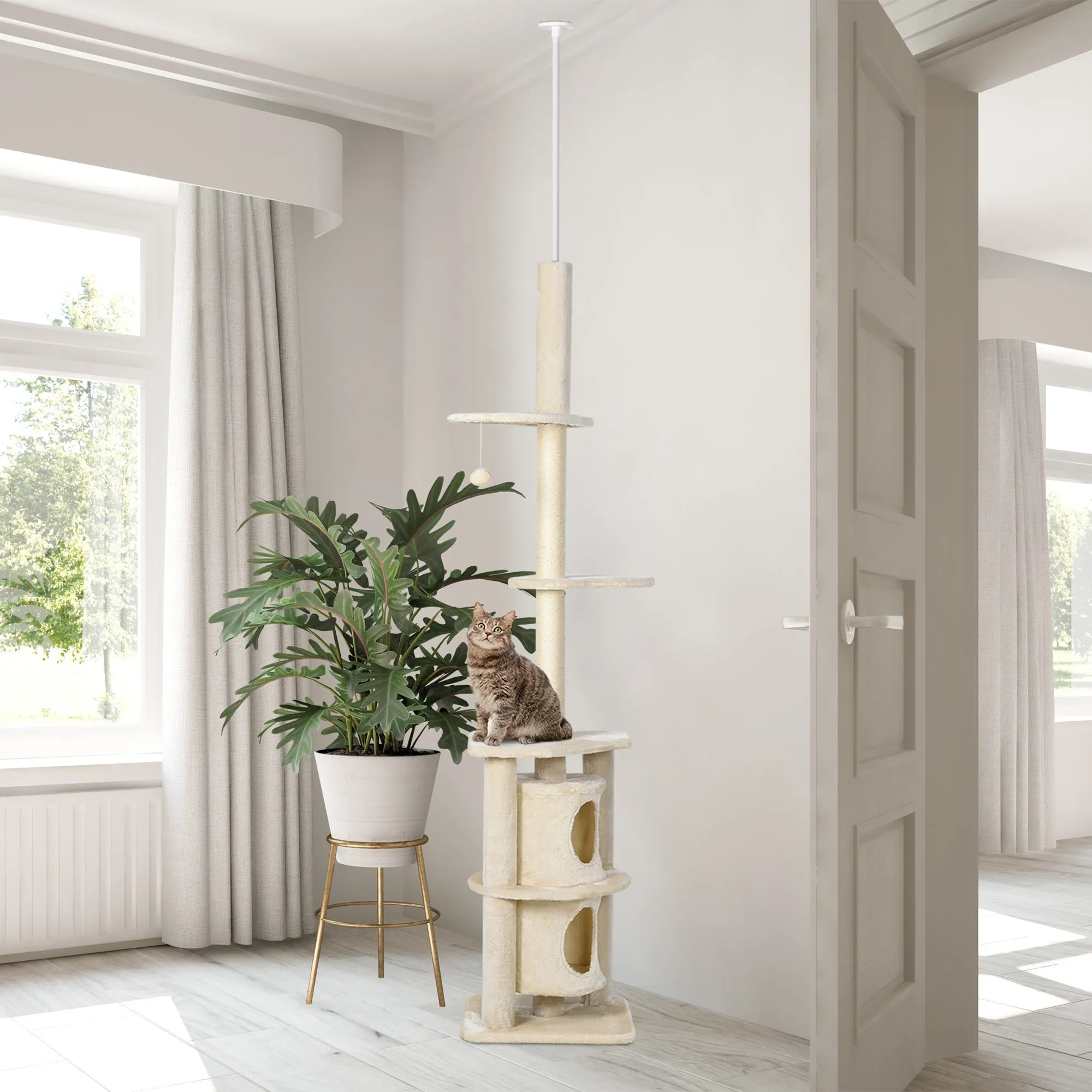 Cats 5-Tier Sisal Rope Scratching Tree w/ Dangle Toy Beige