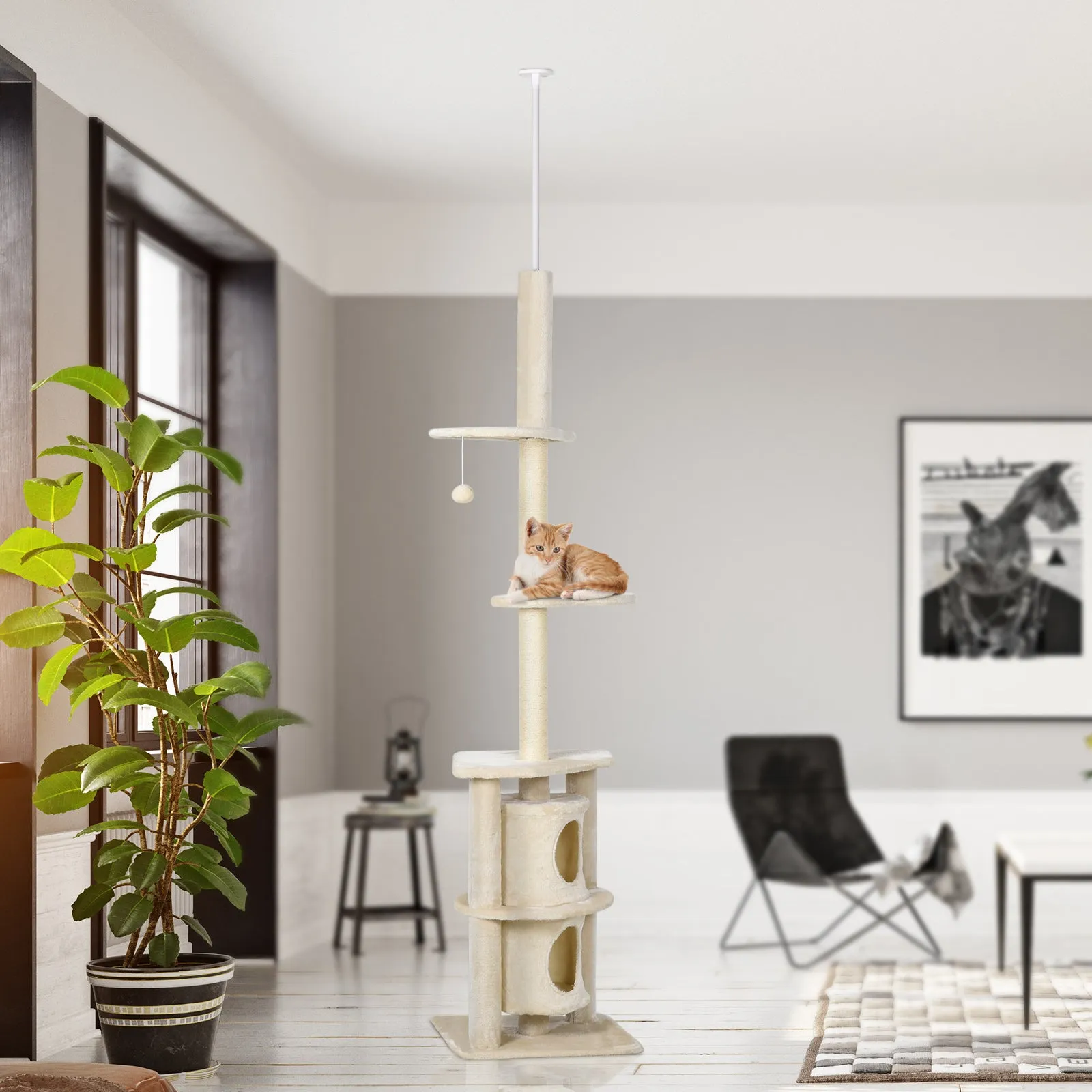 Cats 5-Tier Sisal Rope Scratching Tree w/ Dangle Toy Beige
