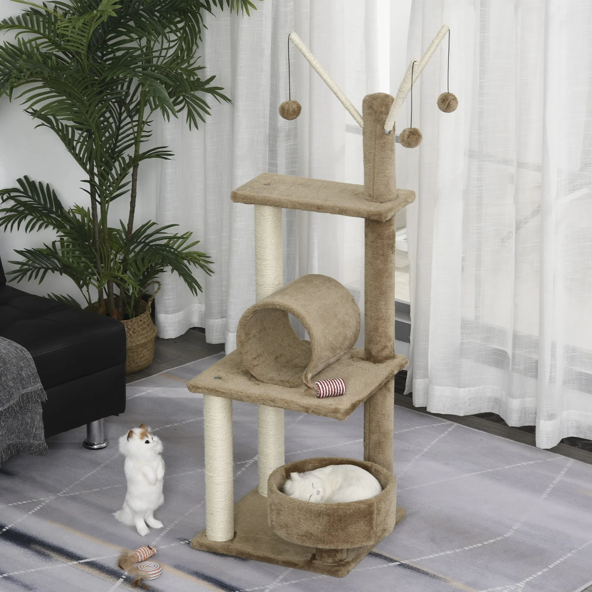 Cats Sisal Rope 3-Tier Scratching Tree w/ Dangle Toys Brown