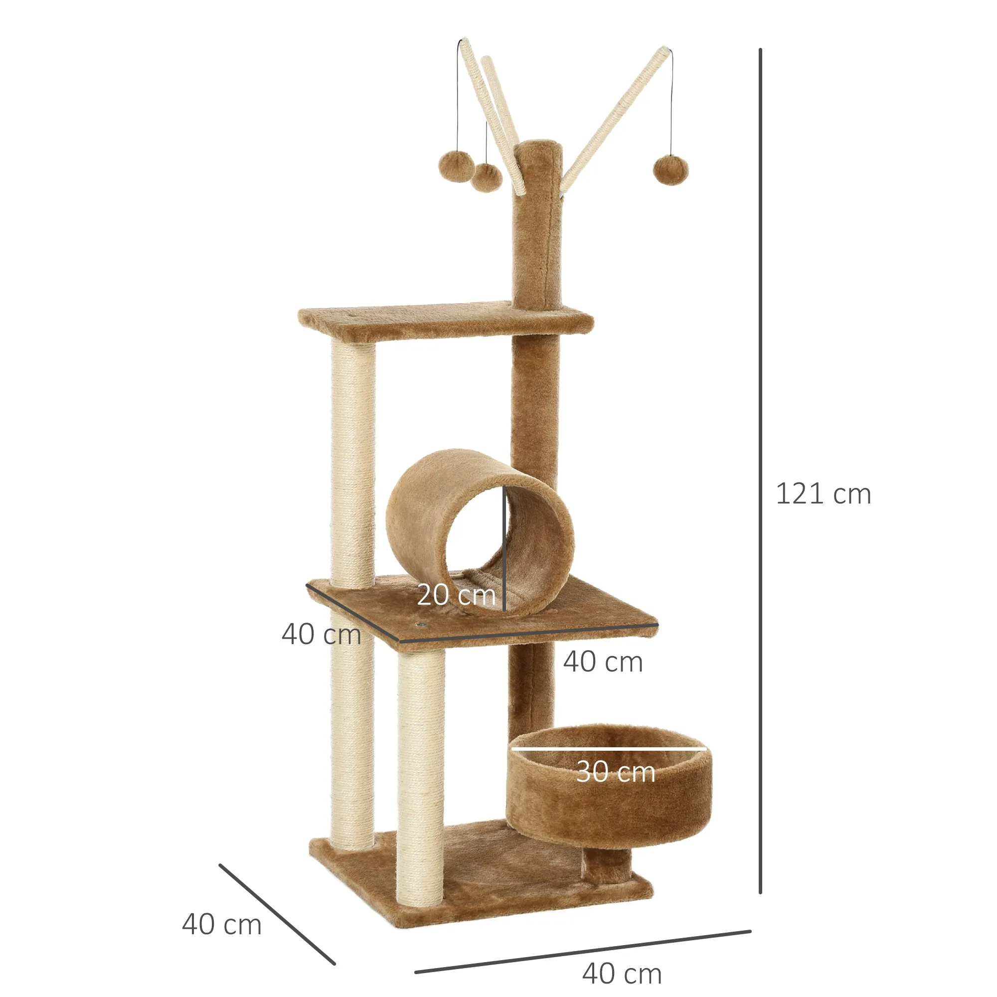 Cats Sisal Rope 3-Tier Scratching Tree w/ Dangle Toys Brown