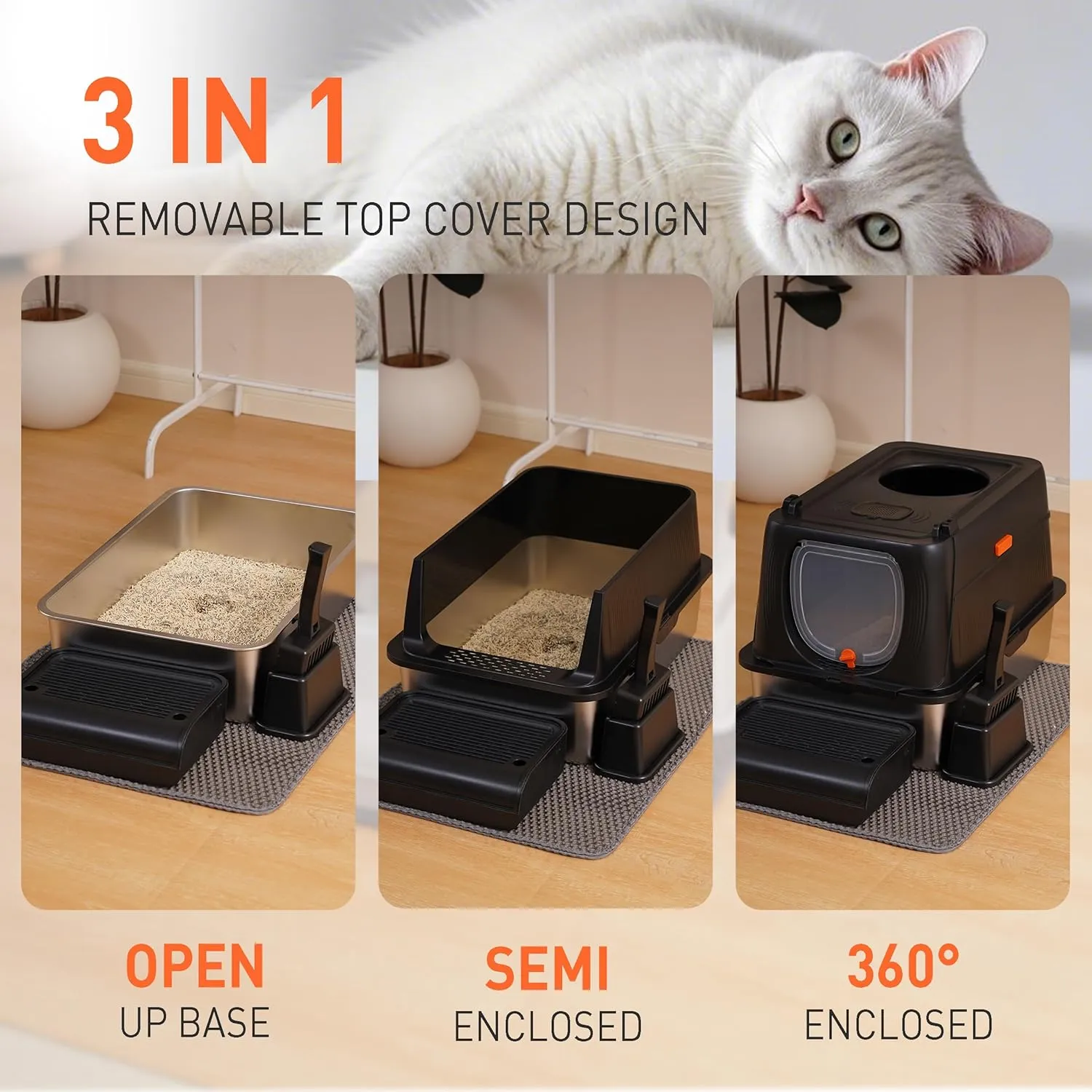 Citylife Stainless Steel Cat Litter Box with Lid, Front & Top Entry Extra Large Metal Kitty Litter Box Enclosure with Scoop & Double Layer Mat, Anti-Leakage, Non-Sticky, Black