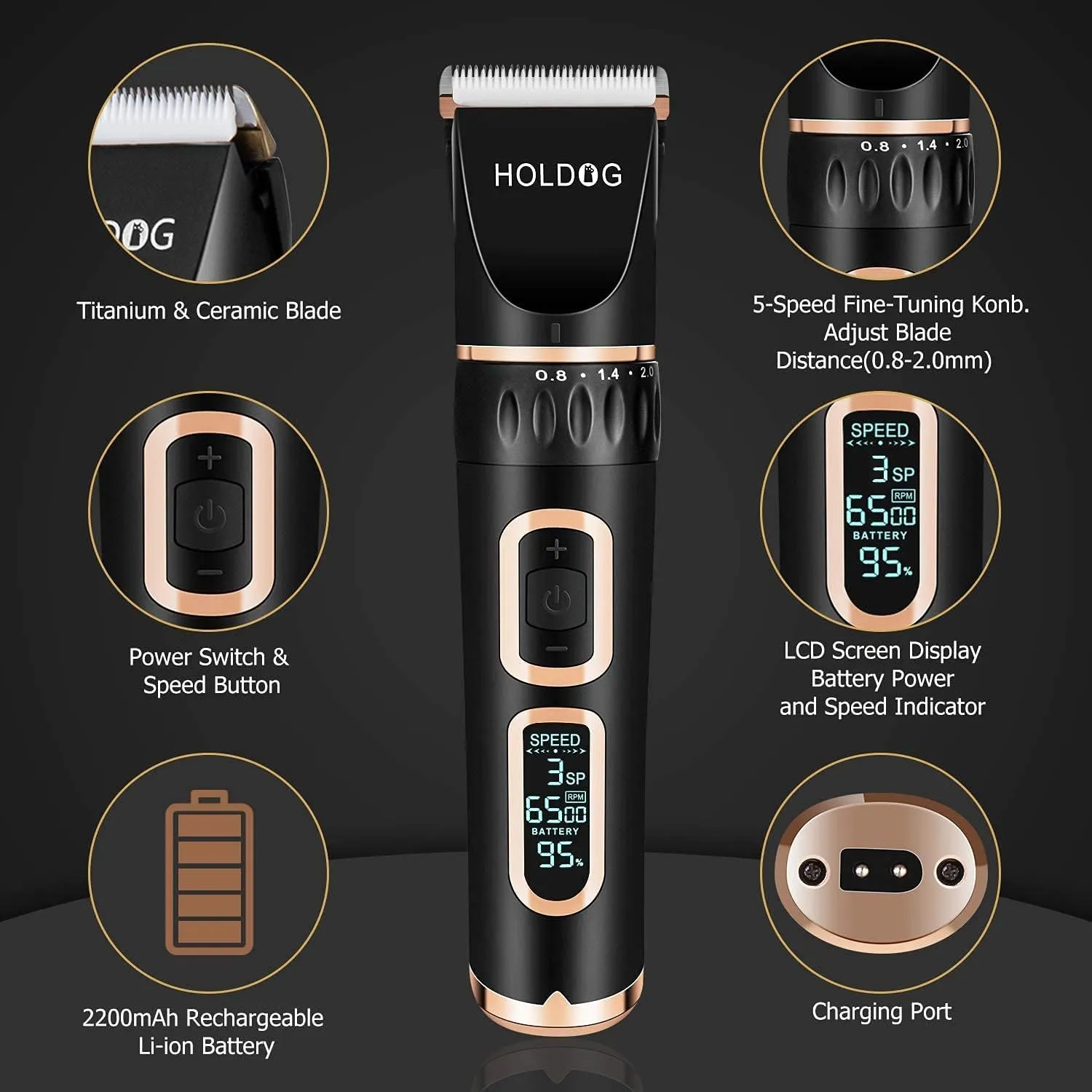 Dog Clippers Professional Heavy Duty Grooming Clipper 3-Speed Low Noise High Power Rechargeable Cordless Pet Tools for Small & Large Dogs Cats Pets with Thick Coats