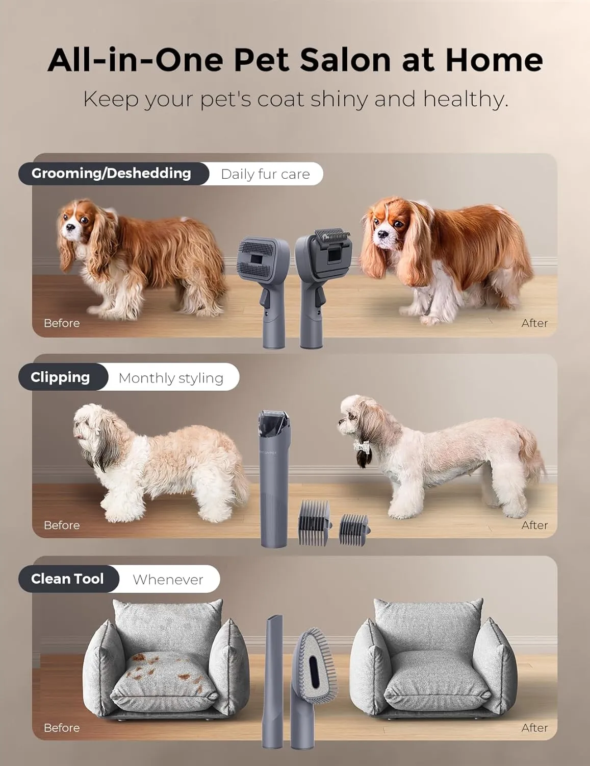 Dog Grooming Kit, FurEase Dog Grooming Vacuum with Dog Clippers for Grooming, 13000Pa Powerful Dog Vacuum for Shedding Grooming with 5 Pet Grooming Tools