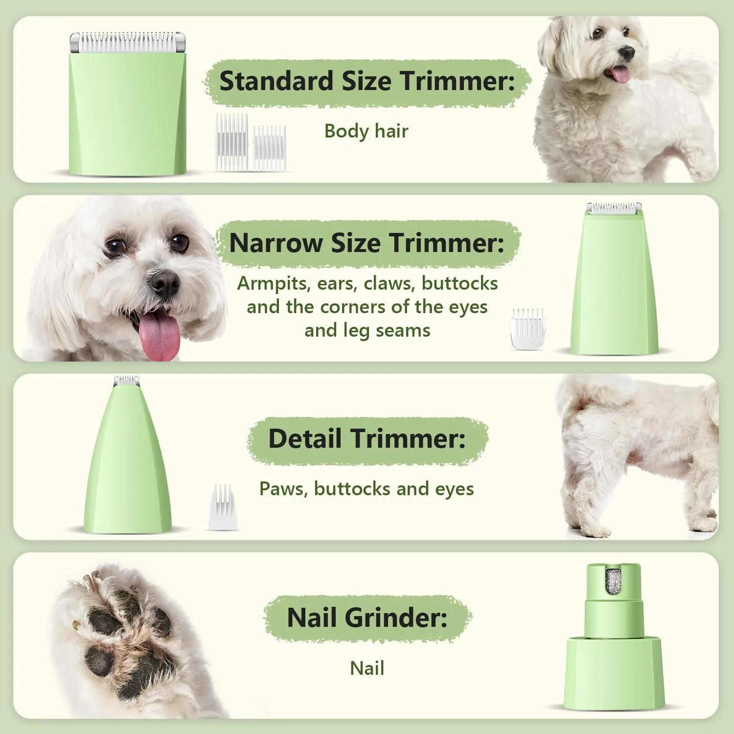 Dog Grooming Kit with LED Light, Low Noise Rechargeable 4 in 1 Pet Clippers for Matted Hair, Cordless Electric Cat Paw Trimmer Dog Nail Grinder, Grooming Supplies for Cat and Small Dogs