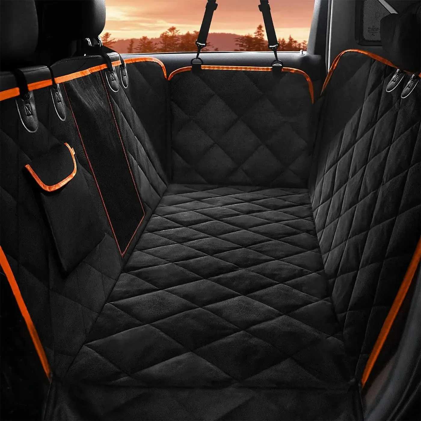 Dog Seat Covers, Waterproof Nonslip Pet Seat Cover for Back Seat with Storage Pockets Mesh Visual Window, Black Heavy Duty Scratchproof Pet Dog Seat Cover Hammock for Cars Trucks