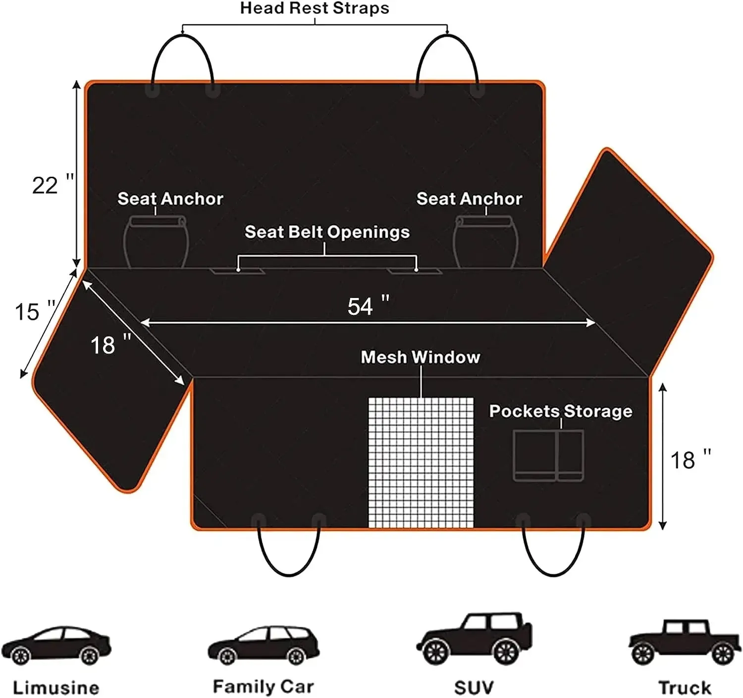 Dog Seat Covers, Waterproof Nonslip Pet Seat Cover for Back Seat with Storage Pockets Mesh Visual Window, Black Heavy Duty Scratchproof Pet Dog Seat Cover Hammock for Cars Trucks
