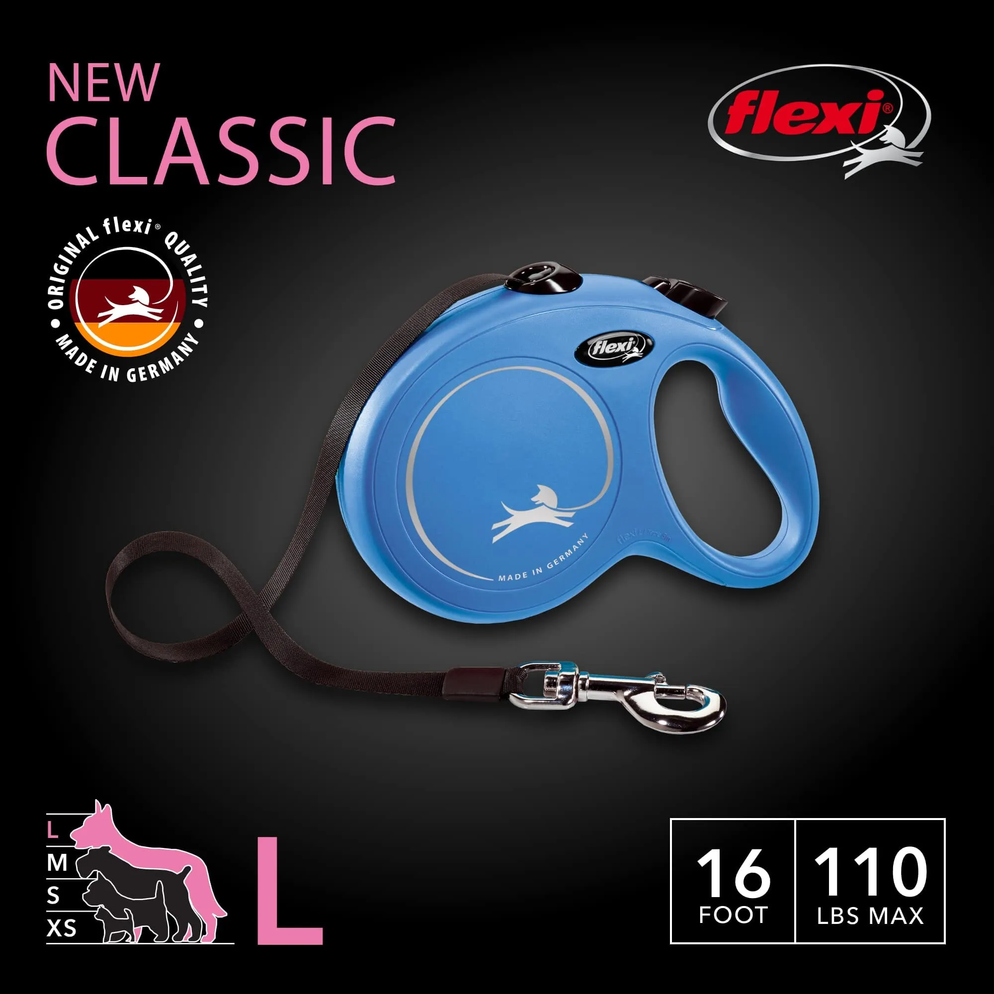 Flexi Classic Tape Rectractable Dog Leash - 33 Lbs - Blue - Small - 16 Feet
