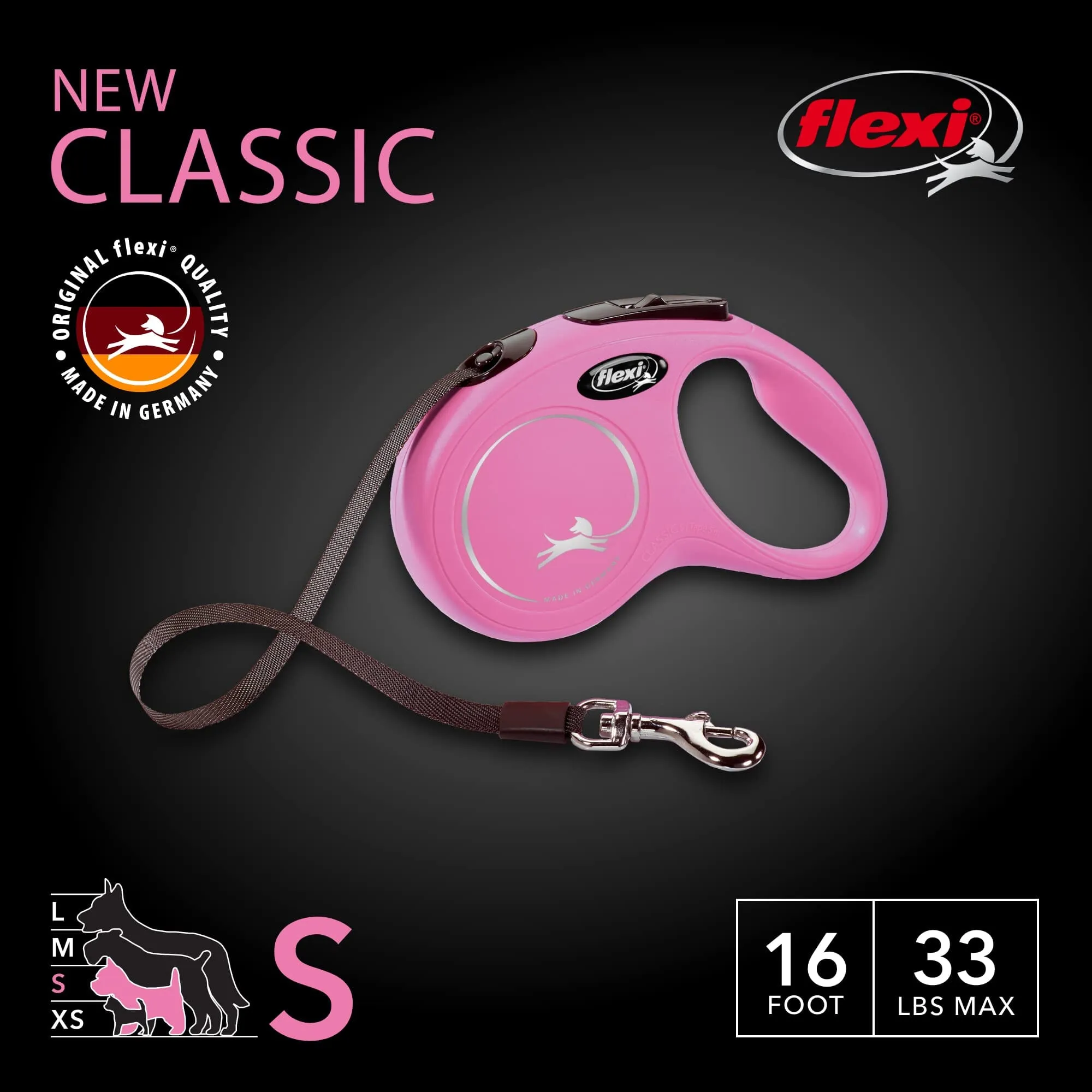Flexi Classic Tape Rectractable Dog Leash - 33 Lbs - Pink - Small - 16 Feet