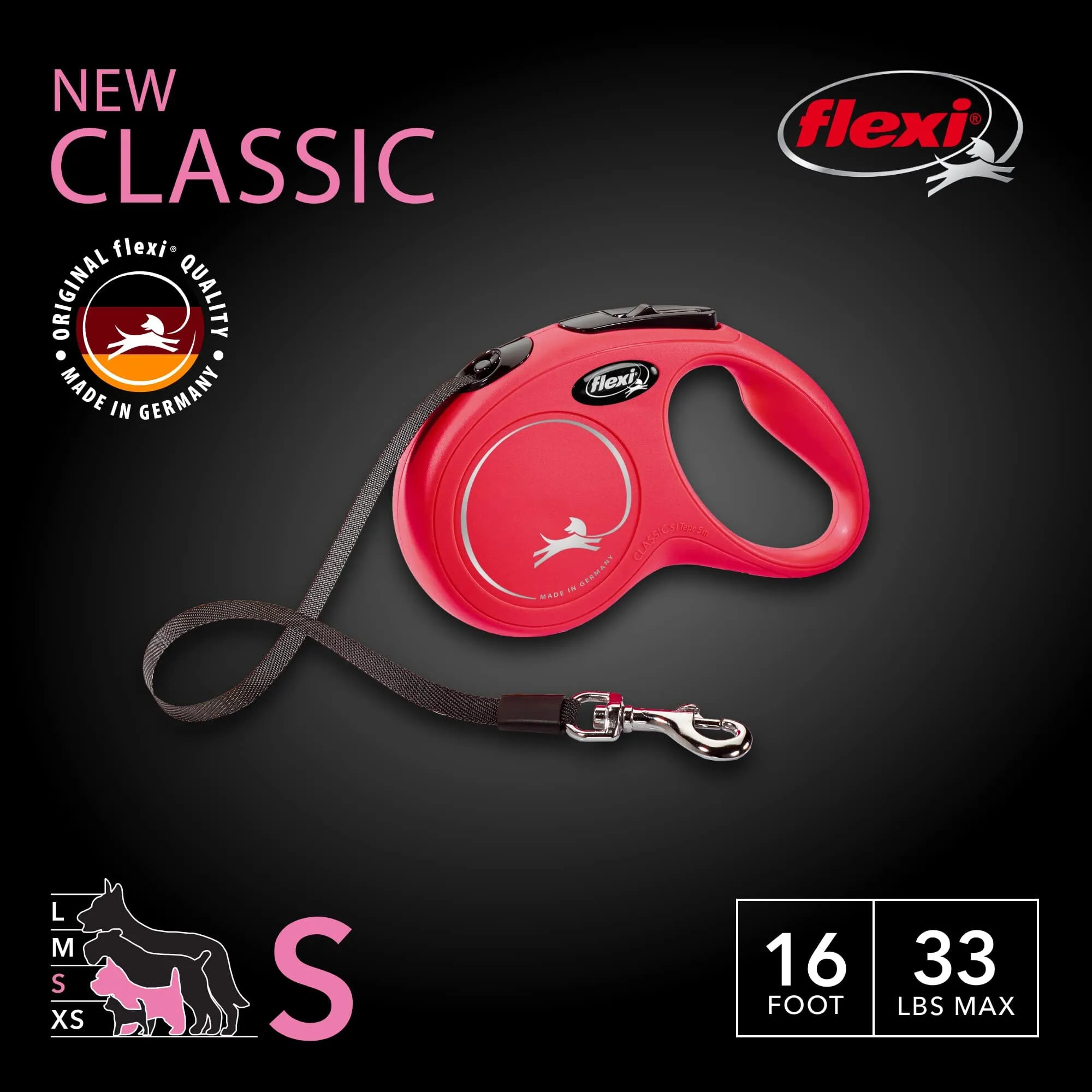 Flexi Classic Tape Rectractable Dog Leash - 33 Lbs - Red - Small - 16 Feet