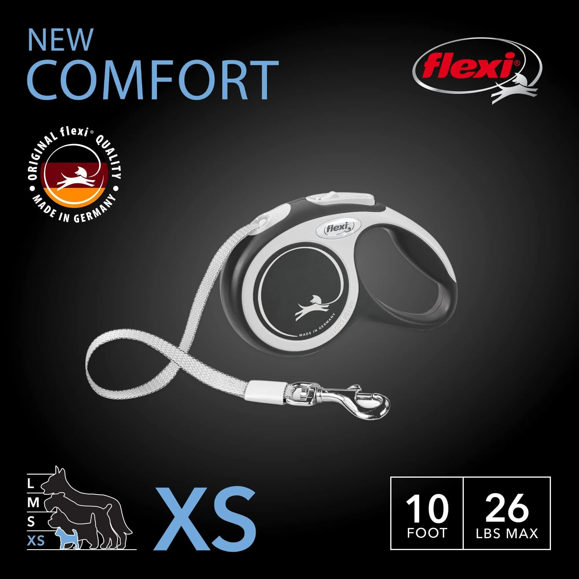 Flexi Classic Tape Retractable Dog Leash - 26 Lbs - Black - Extra Small - 10 Feet