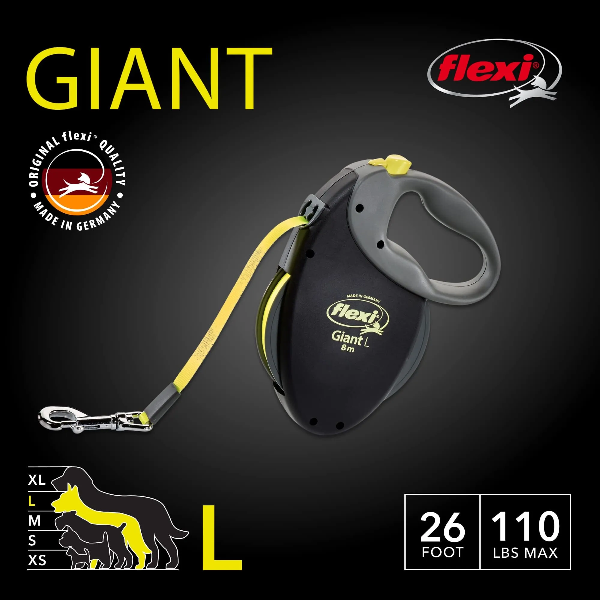 Flexi Durablet Strong Tape Rectractable Dog Leash - Black - Giant / Large - 110 Lbs - 26 Feet