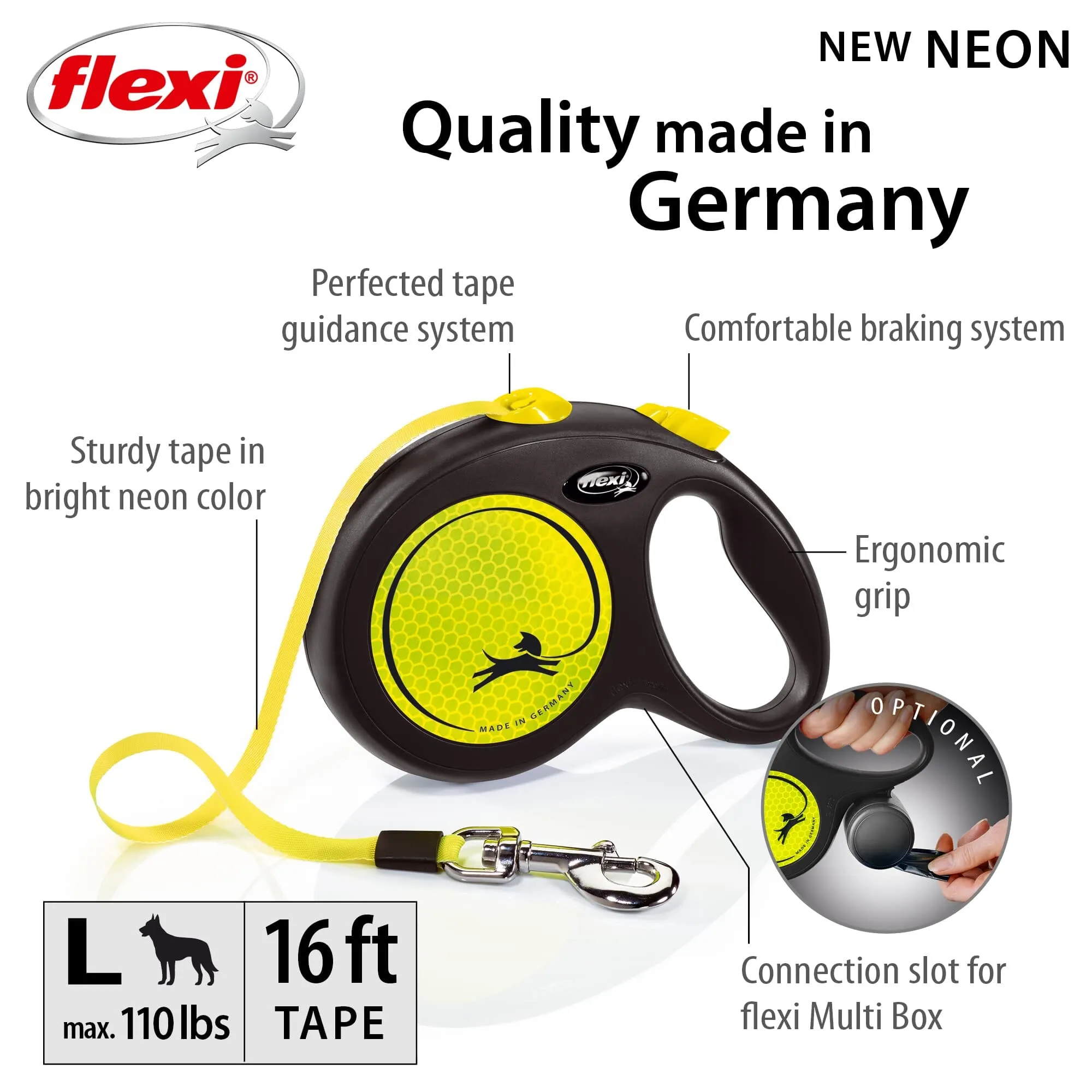 Flexi New Comfort Classic Retractable Dog Leash - Neon - Large - 10 Feet